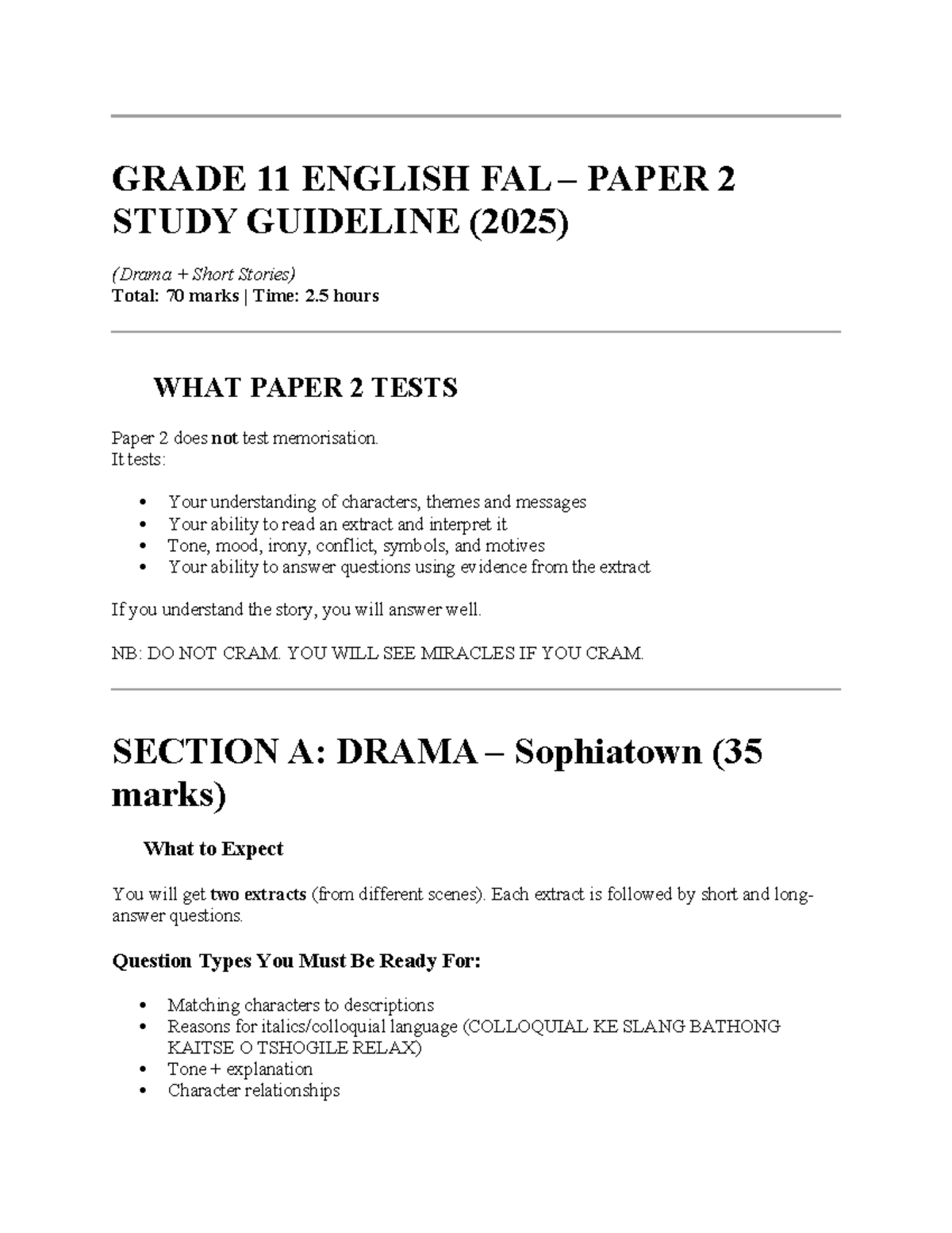 GRADE 11 ENGLISH FAL PAPER 2 STUDY GUIDE (2025) - Drama & Short Stories ...