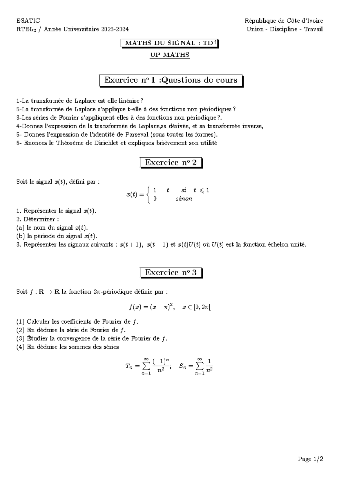TD MATHS DU SIGNAL 2023 : Exercice et Théorèmes de Laplace et Fourier ...