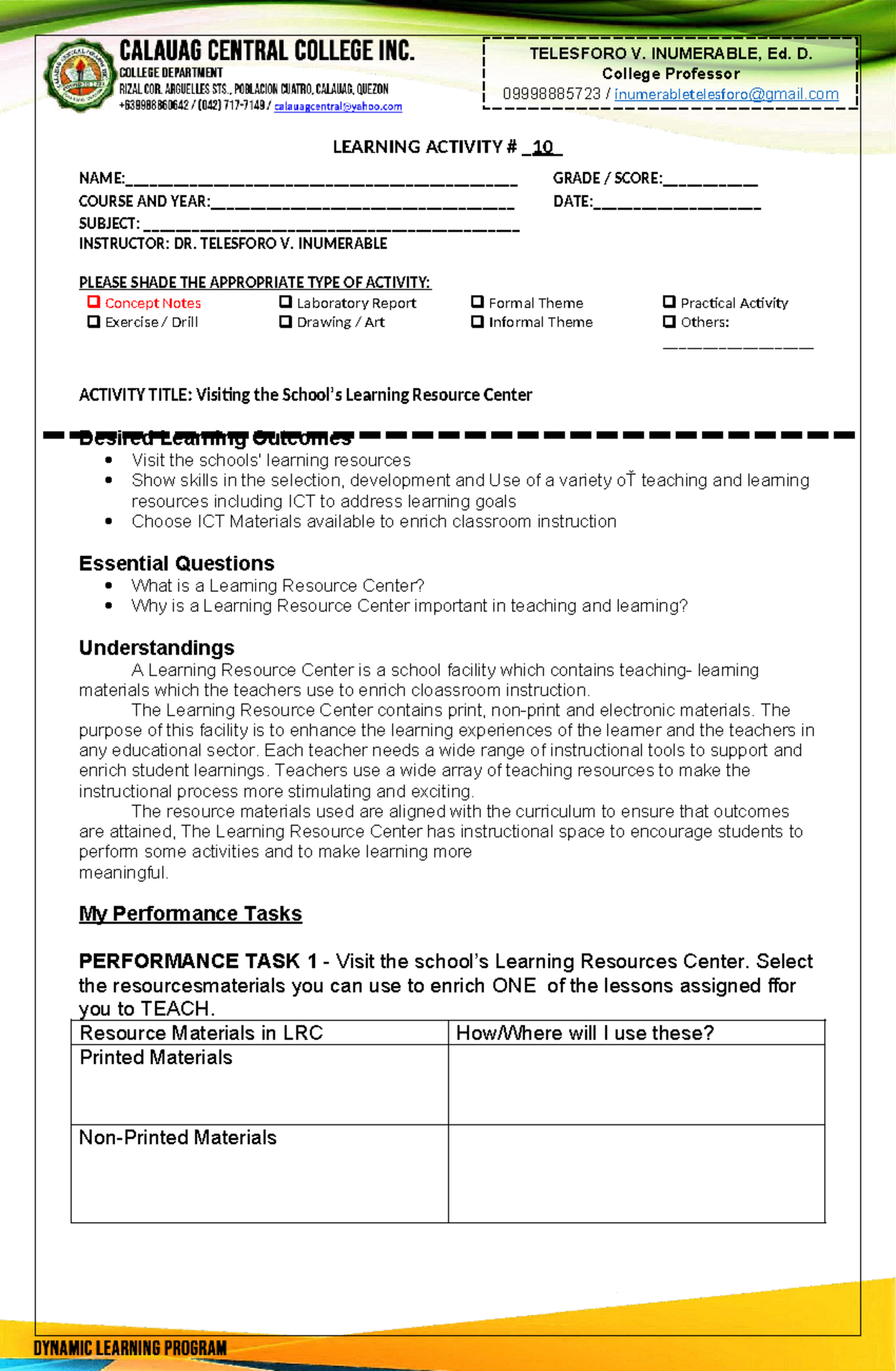 LAS 10: Visiting the Learning Resource Center - Activity Guide - Studocu