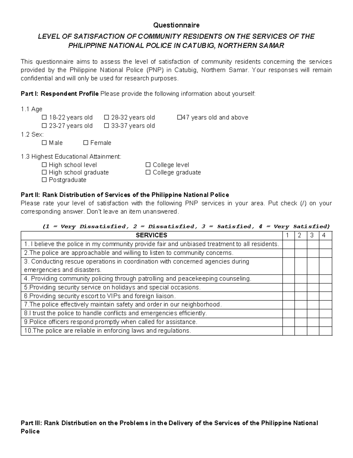 Questionnaire on Community Satisfaction with PNP Services in Catubig ...