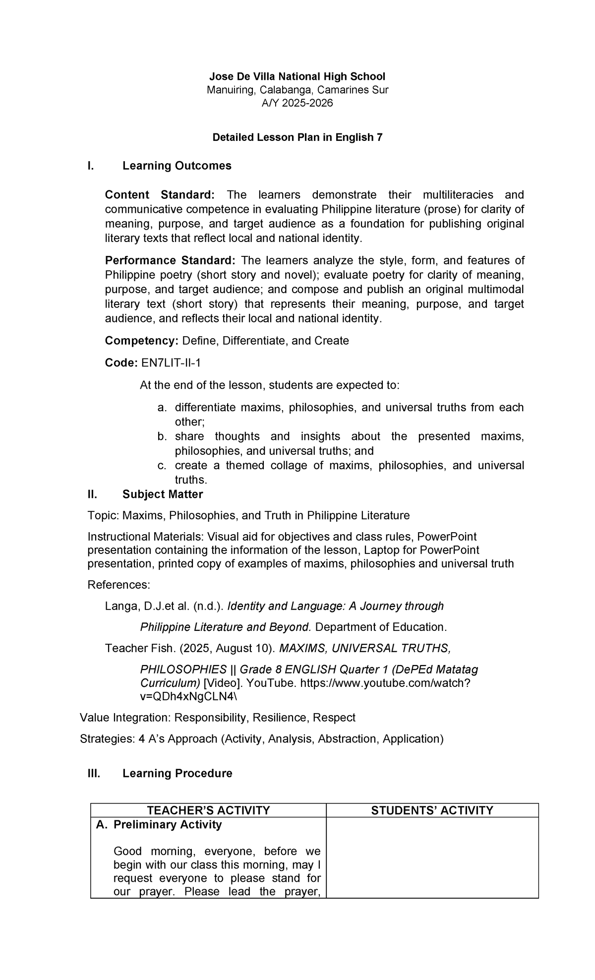 Detailed Lesson Plan for English 7: Maxims, Philosophies, and Truths - Document Preview
