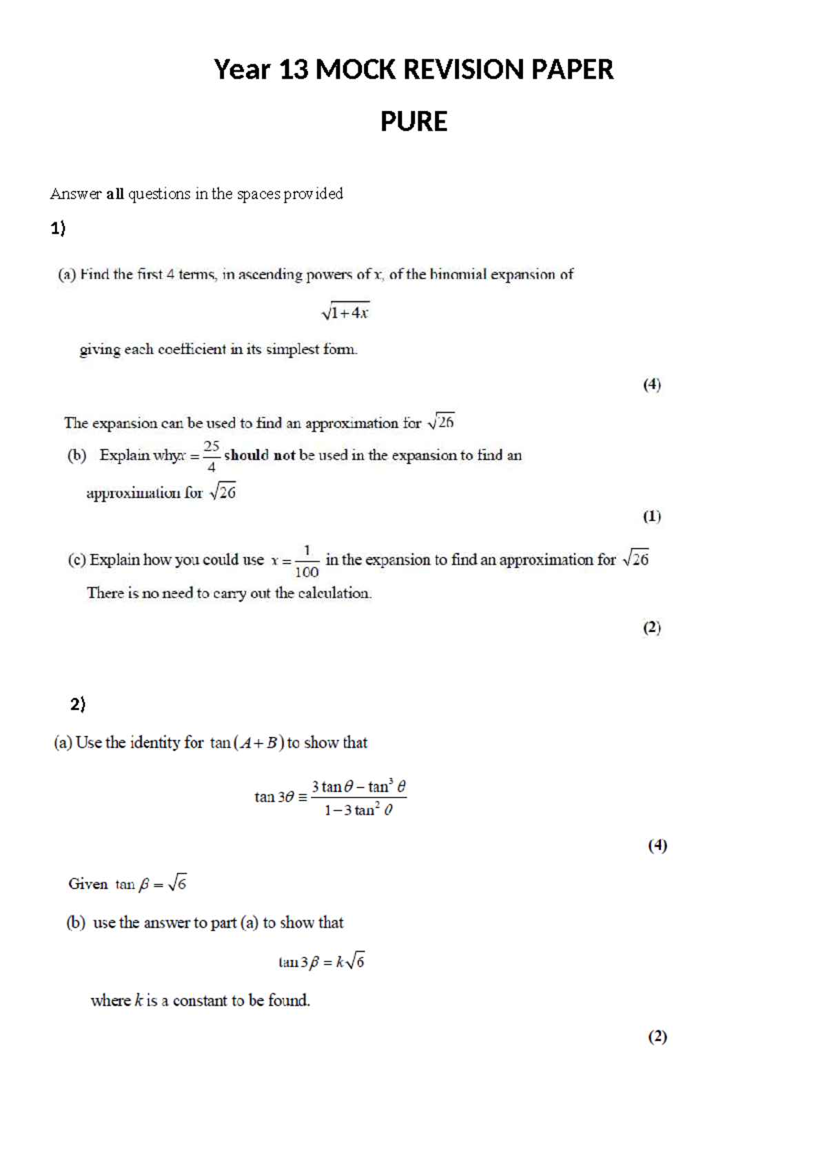 Pure Revision - aaaaaaa - Year 13 MOCK REVISION PAPER PURE Answer all ...