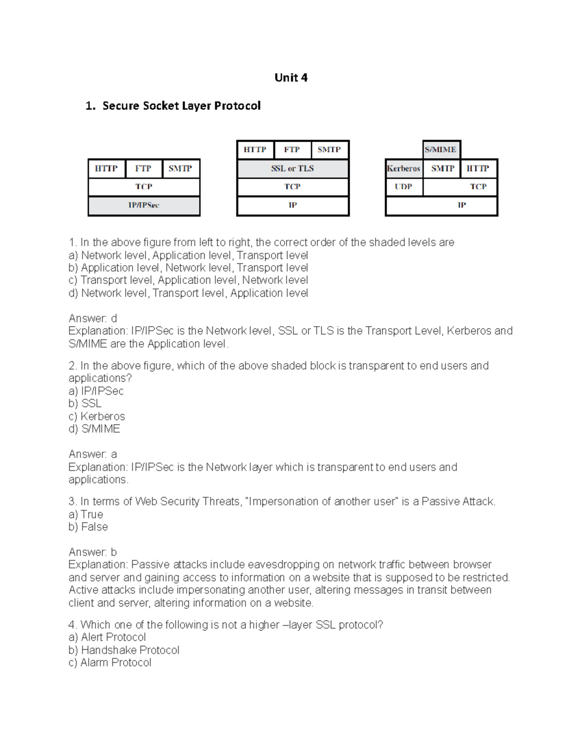 ICS Unit 4 - Practice MCQs on SSL, IPSec, and VPN Security Concepts ...
