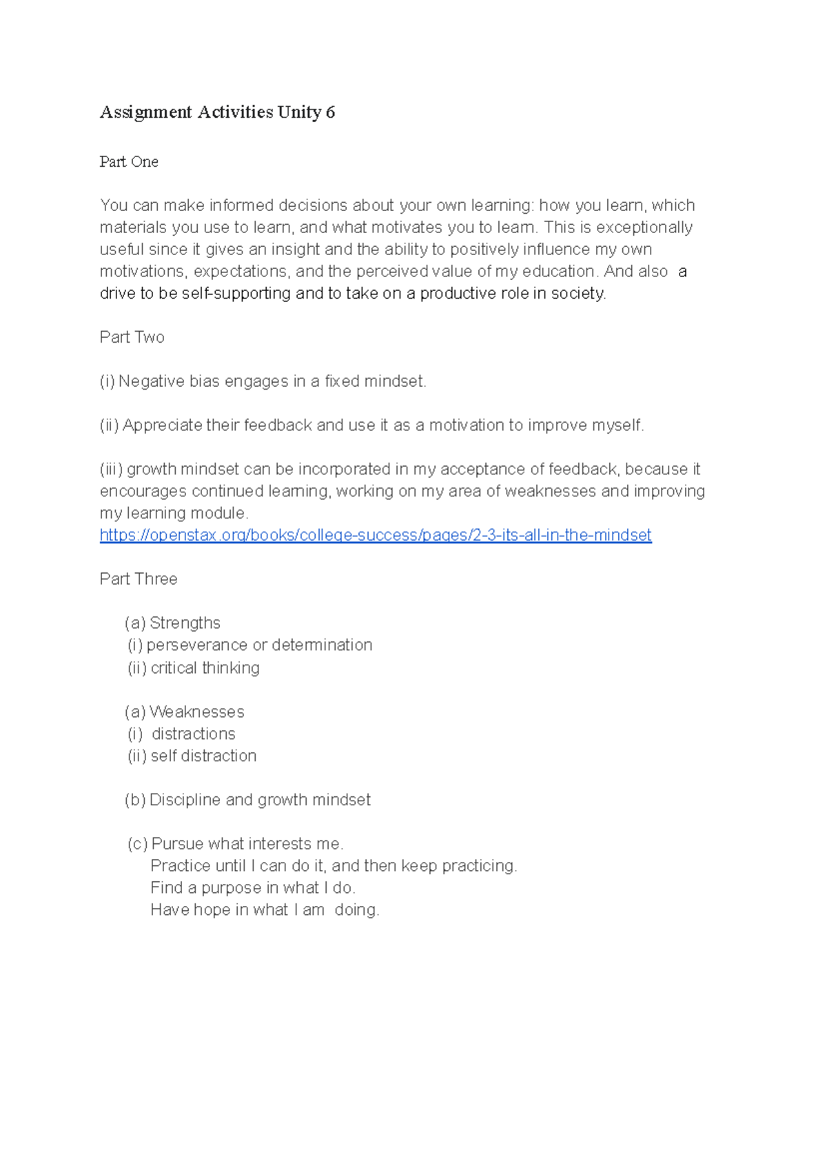 Assignment Activities Unity 6: Informed Learning Decisions - Studocu