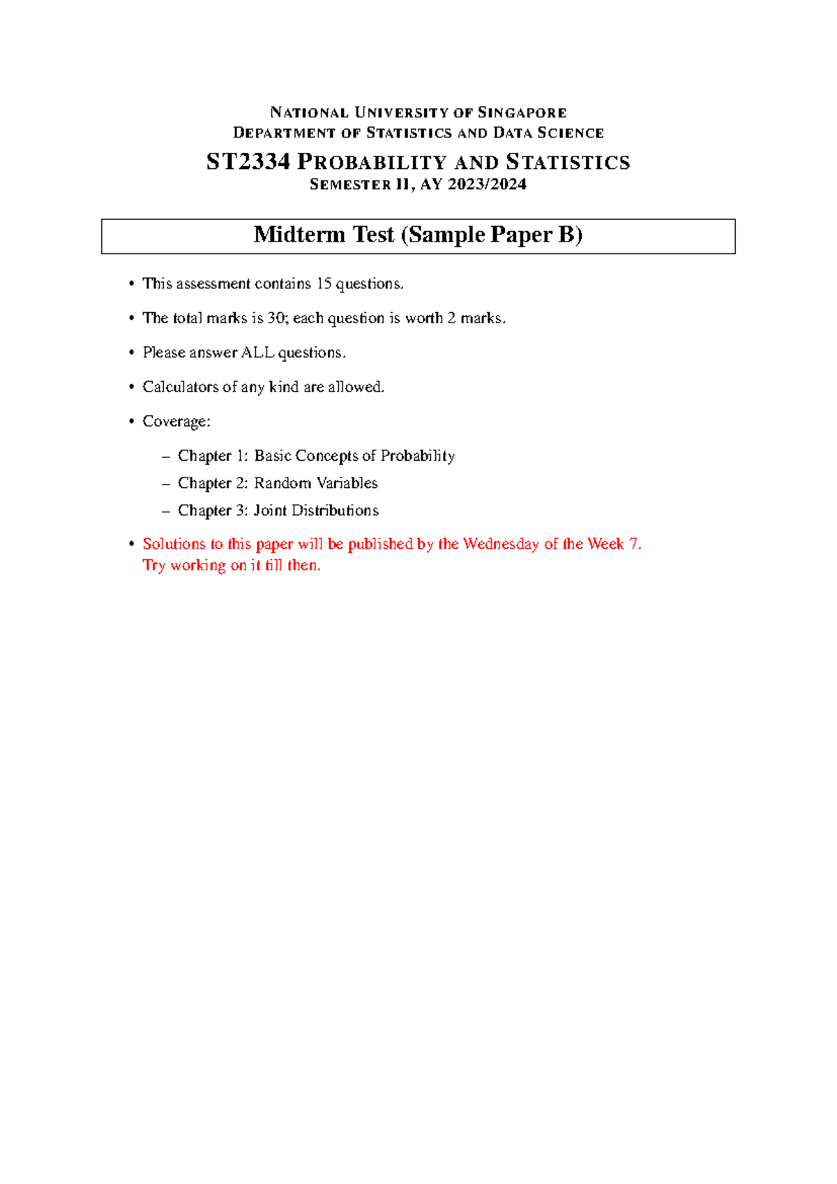 ST2334 Midterm Sample Paper B - Probability and Statistics 2023 - Studocu