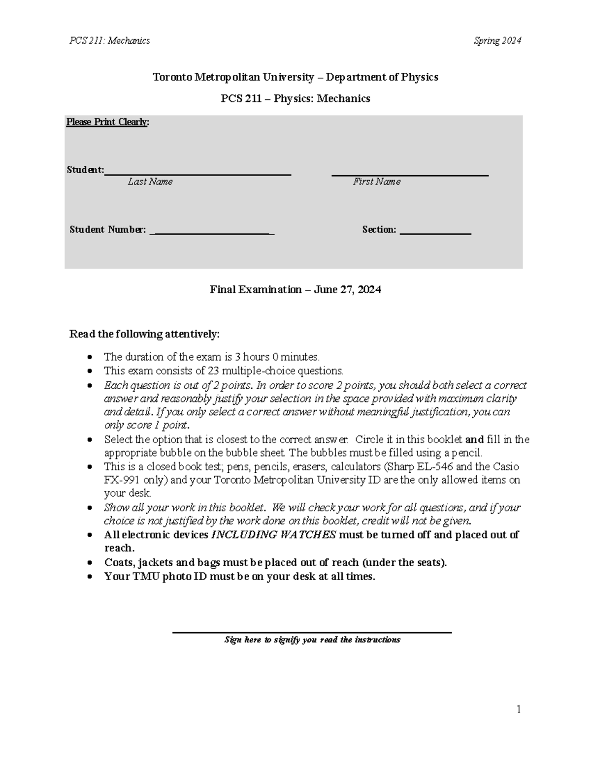 PCS 211: Mechanics Final Exam Guidelines - Spring 2024 - Studocu