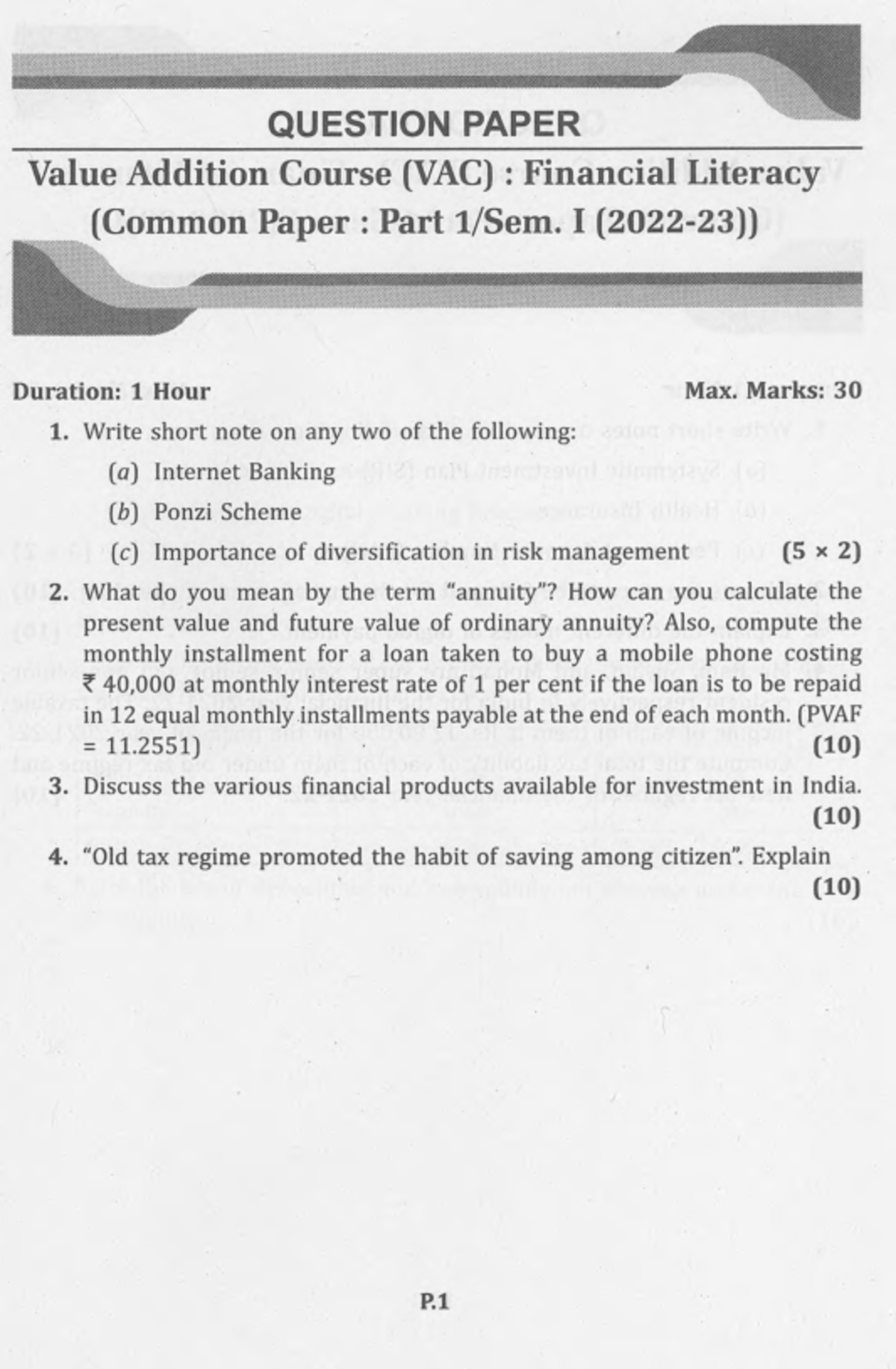 Financial Literacy Previous Year Question Papers: VAC Sem I & II (2022 ...