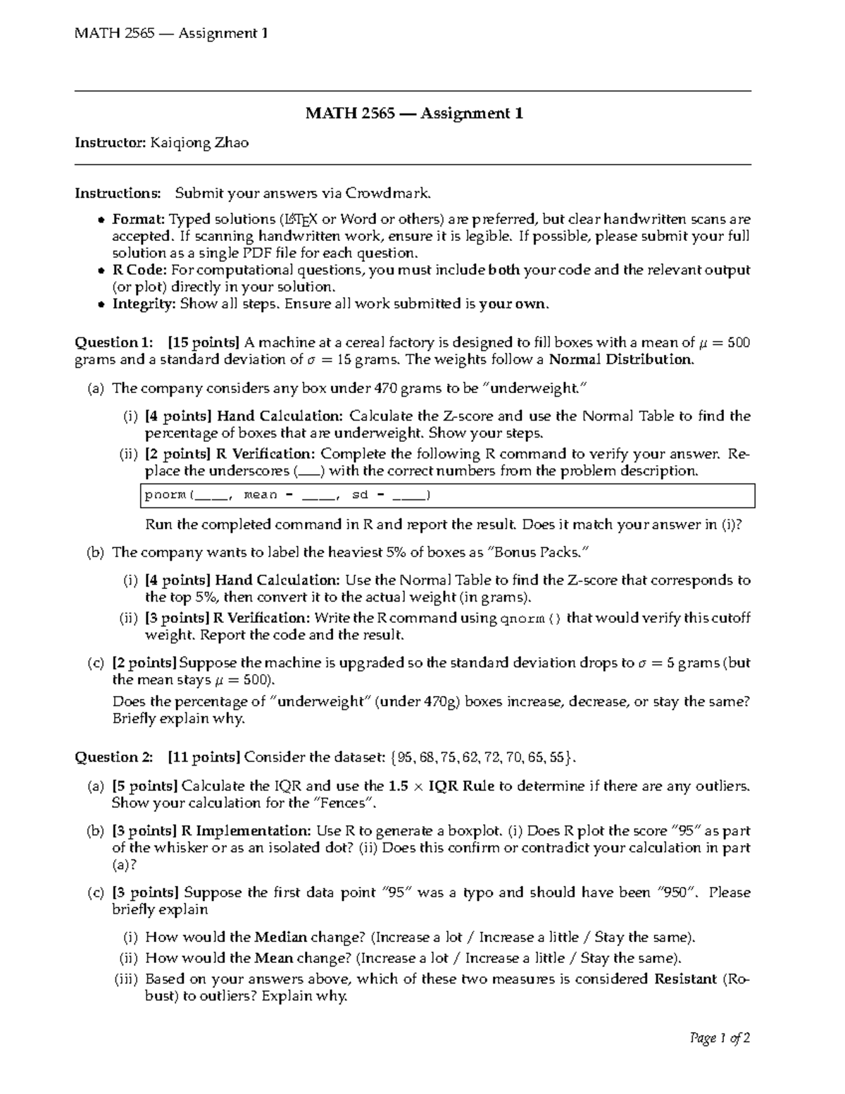 MATH 2565 Assignment 1: Normal Distribution & Outlier Analysis - Studocu
