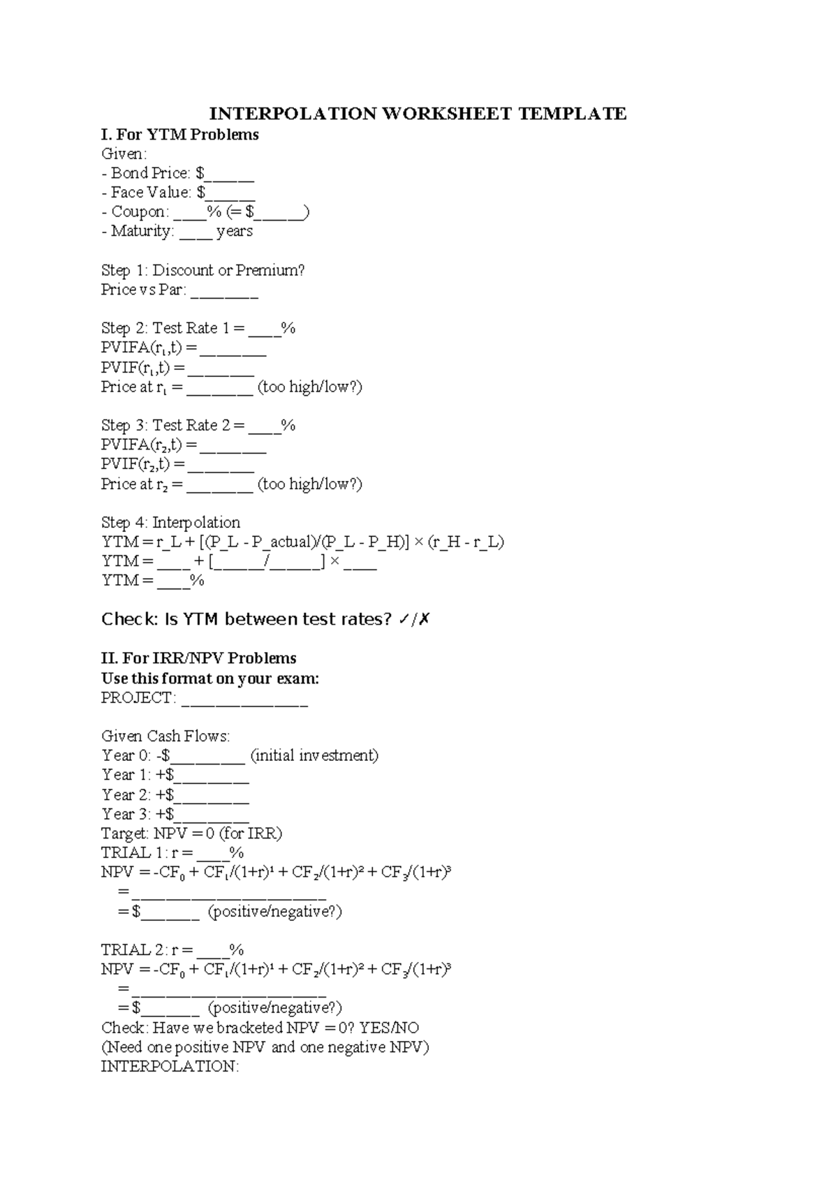 Interpolation Worksheet Template for YTM Problems - Studocu
