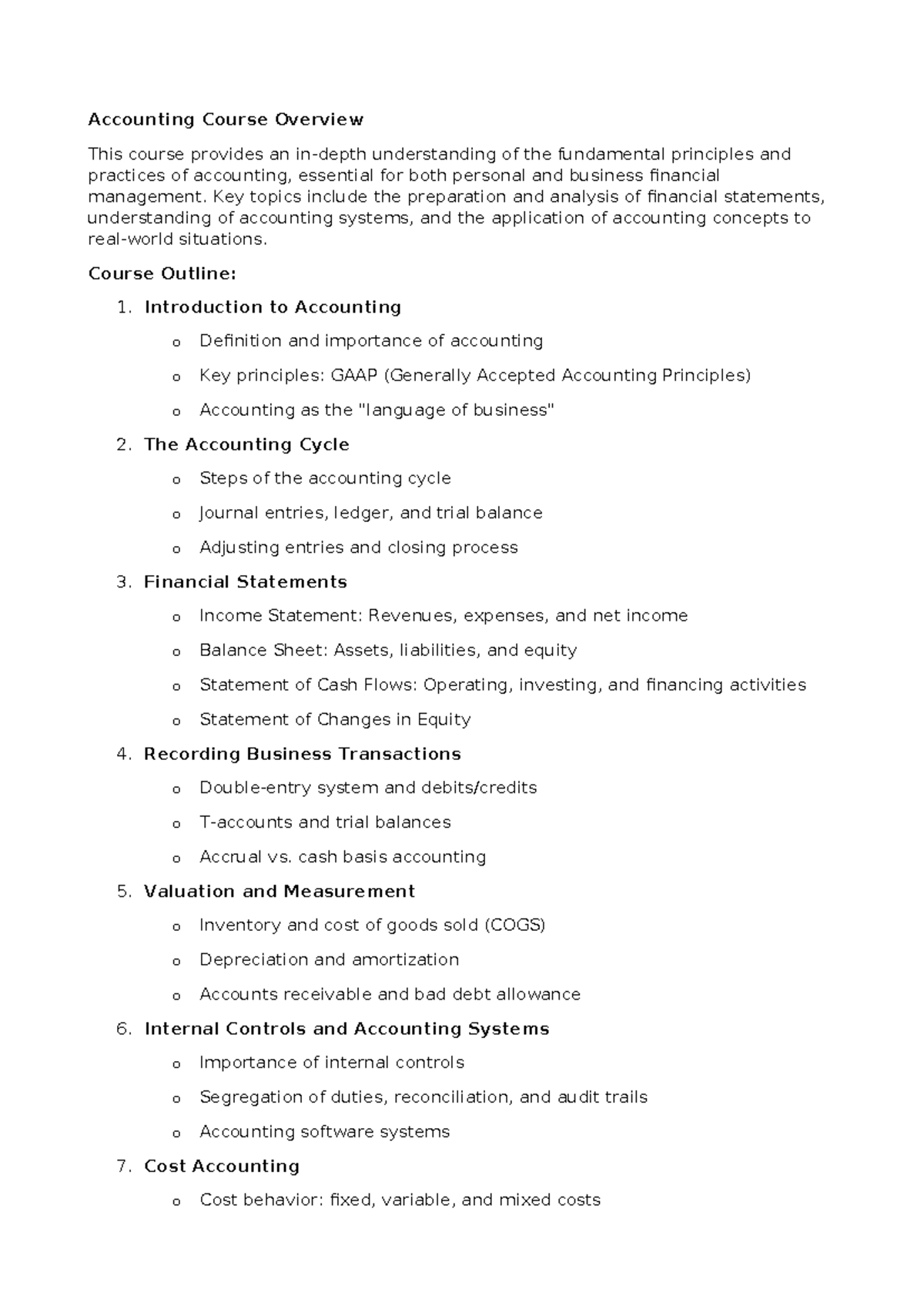 Accounting 1 course overview summary - Accounting Course Overview This ...
