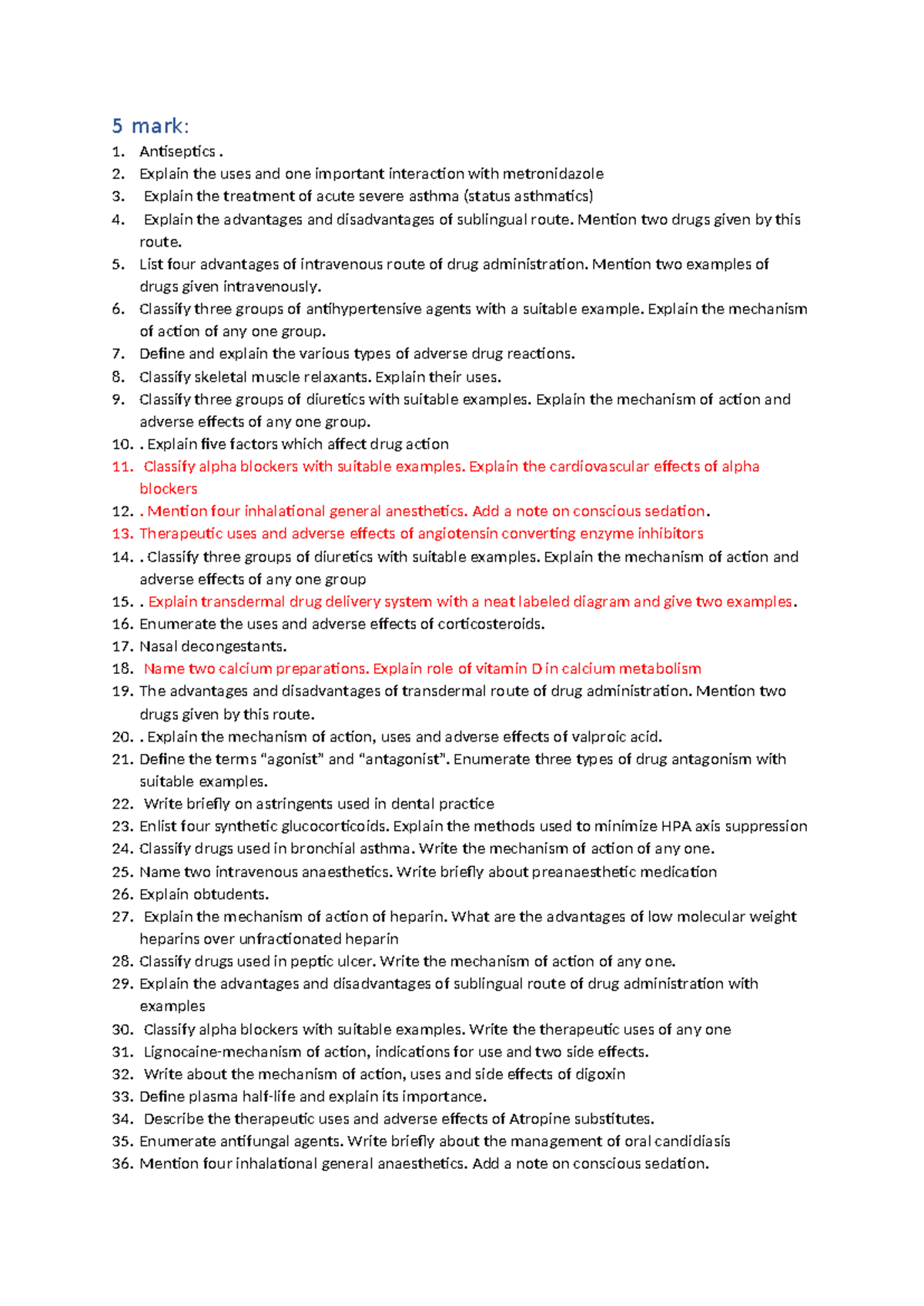 5 Mark Pharmacology Study Guide: Key Concepts & Drug Classifications ...