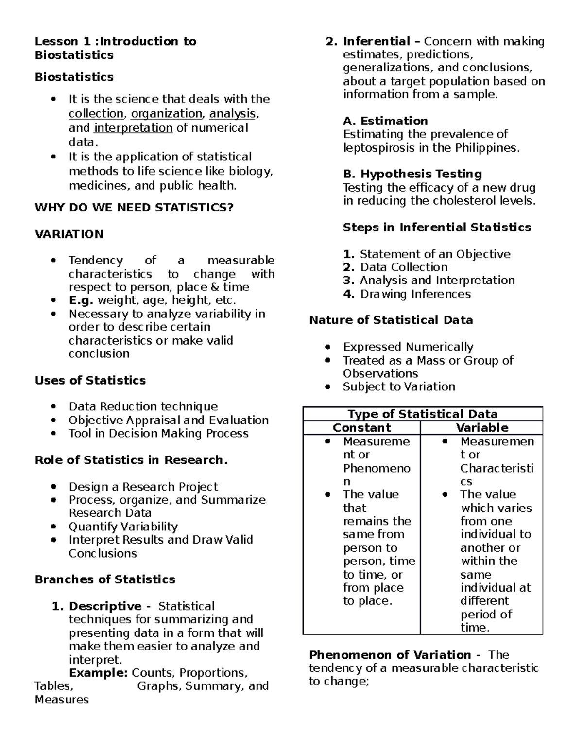 Biostatistics 101 - Lesson 1: Intro to Statistical Methods - Studocu