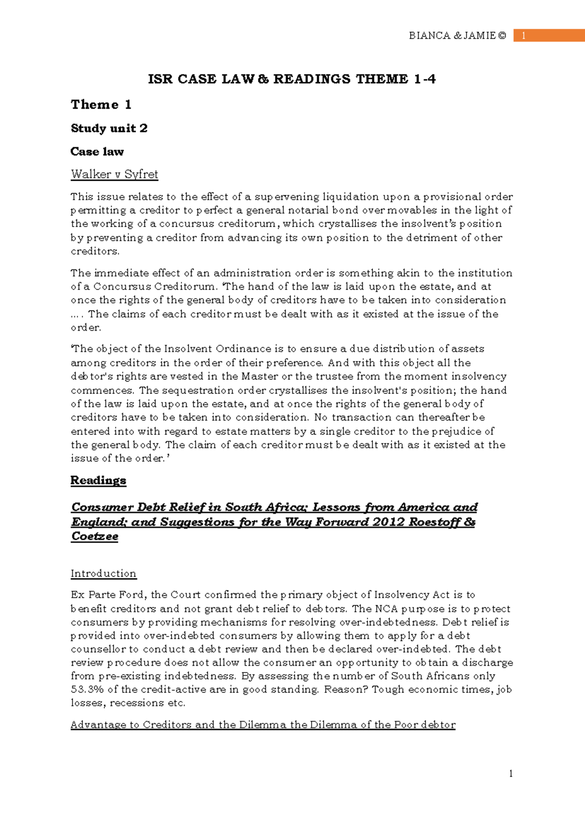 ISR EXAM Notes 2 - Summary on Insolvency Law and Debtors' Rights - Studocu