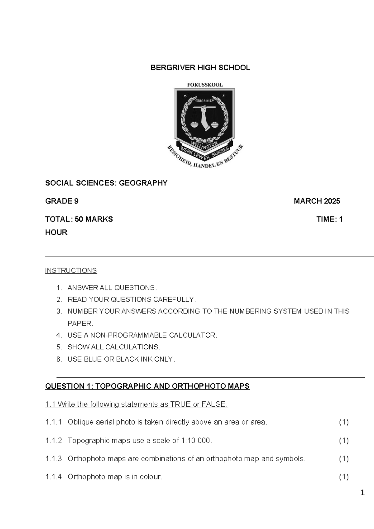 Grade 9 Geography March Test - Total: 50 Marks - Studocu
