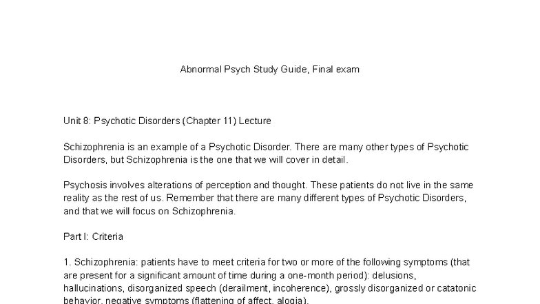 Abnormal Psych Study Guide: Final Exam Insights on Psychotic Disorders ...