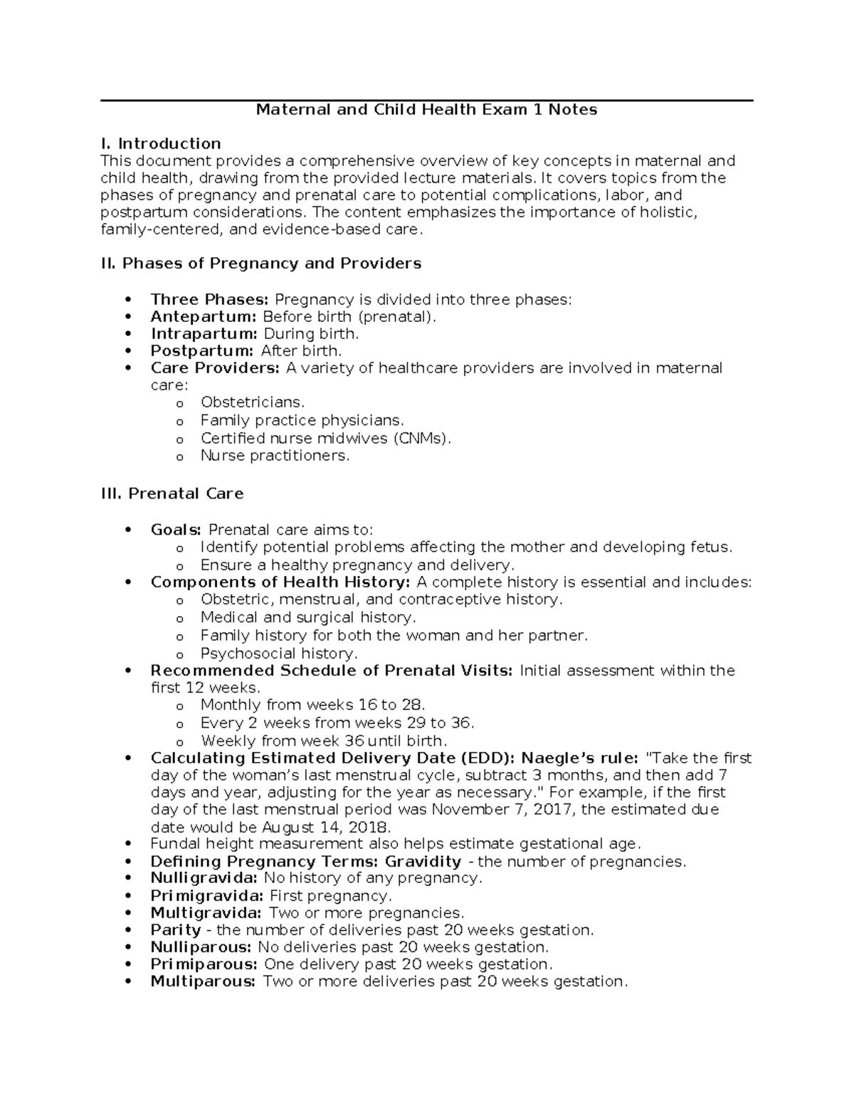 Maternal and Child Health Exam 1 Comprehensive Study Notes - Studocu