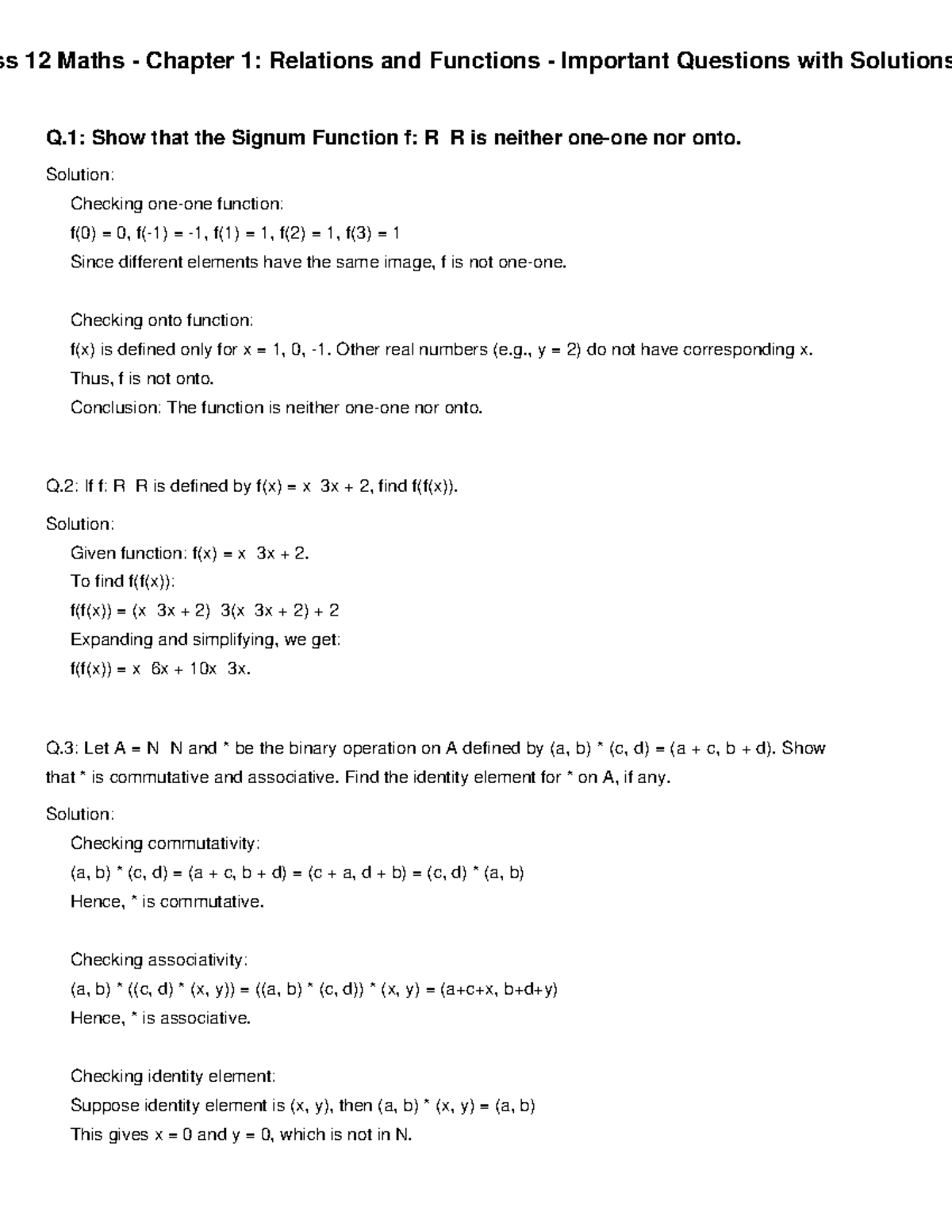 ss 12 Maths Chapter 1: Relations & Functions Important Qs & Solutions ...