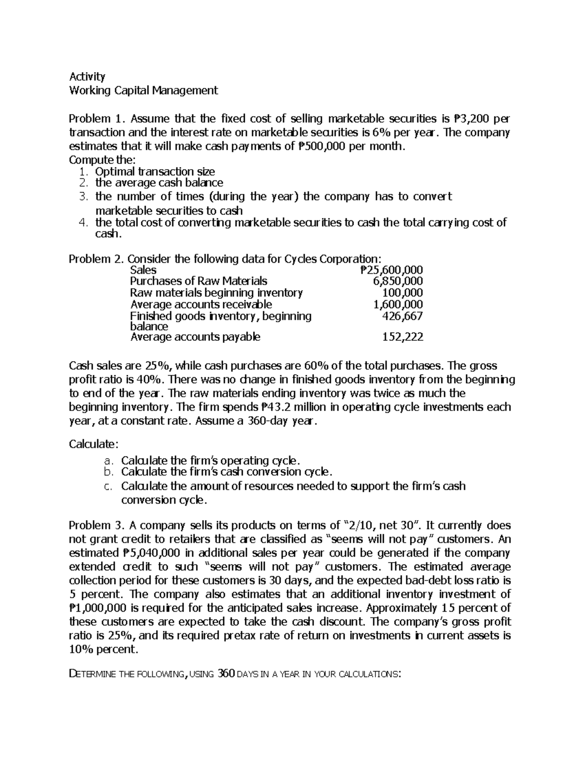 Activity - WCM: Working Capital Management Problems and Solutions - Studocu