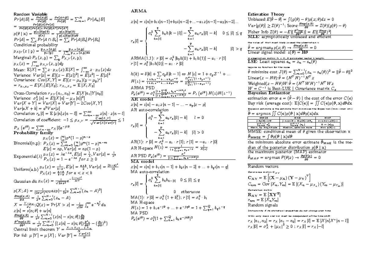 Probability Formula Sheet for Exam: Random Variables - Studeersnel