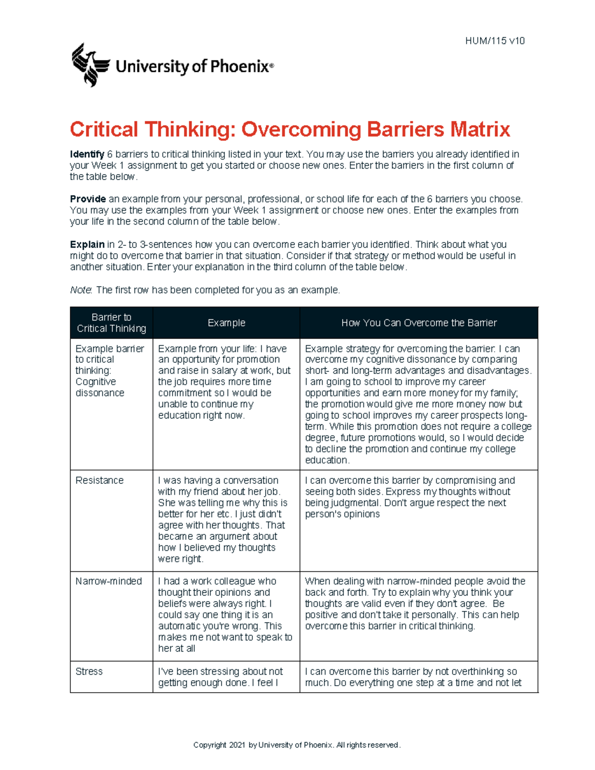 Hum115 v10 wk3 critical thinking overcoming barriers matrix copy - HUM ...