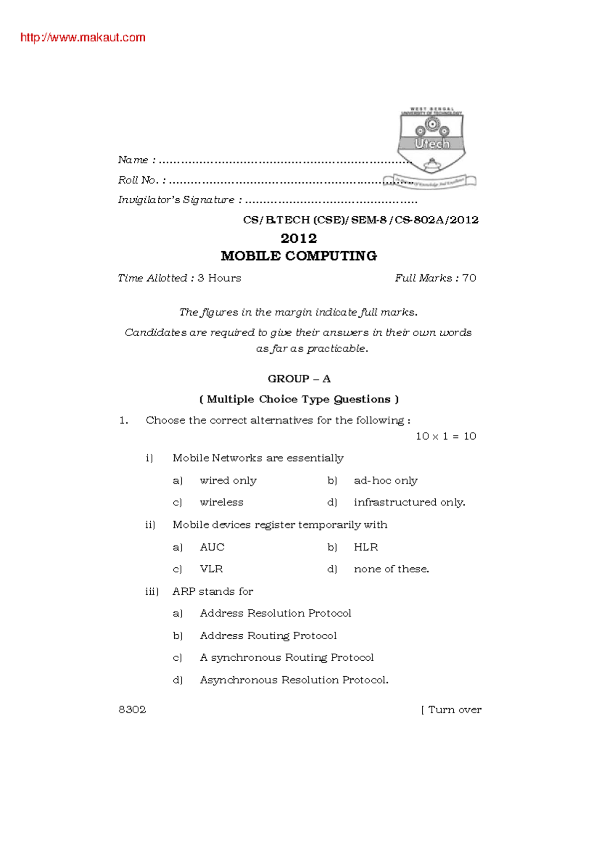 BTech CSE 8th Sem Mobile Computing 2012 Final Exam Questions - Studocu