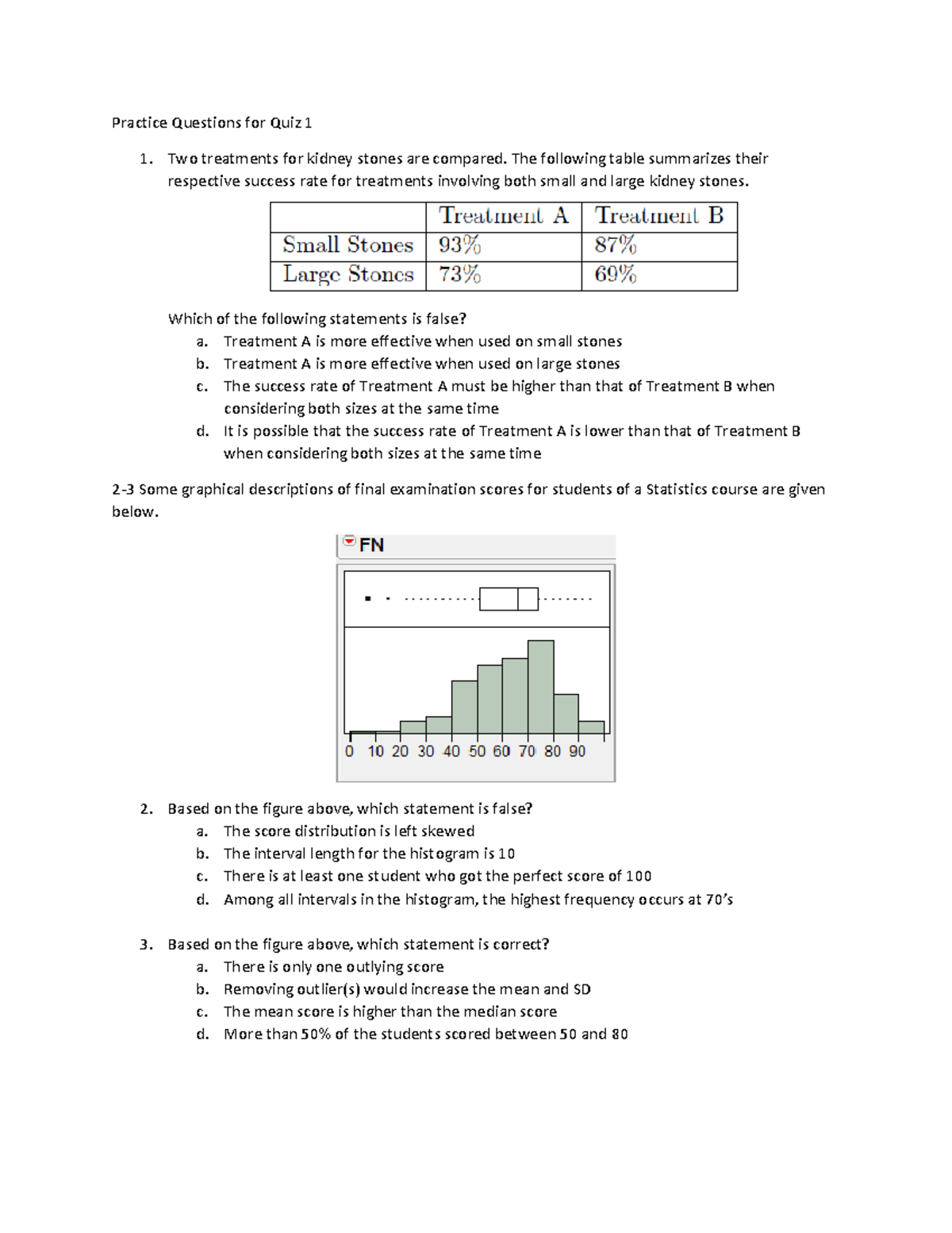 Quiz 1 Practice Questions for Statistics STT201 - Studocu