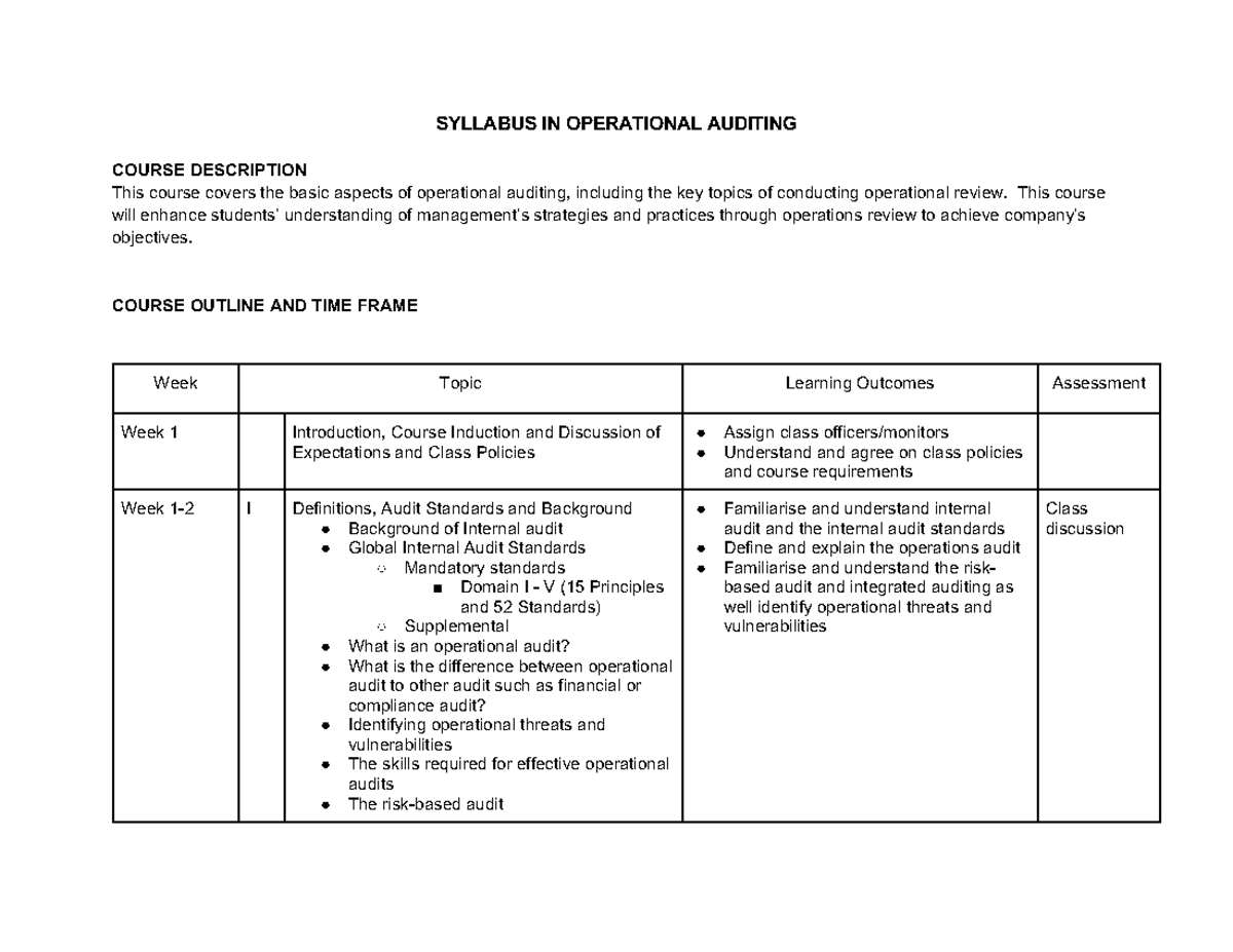 Operational Auditing Syllabus: Course Overview and Outline - Studocu