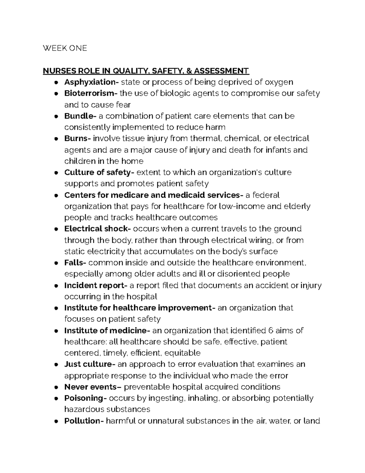 NUR 101 Week 1 Key Terms: Foundations of Quality & Safety in Nursing ...
