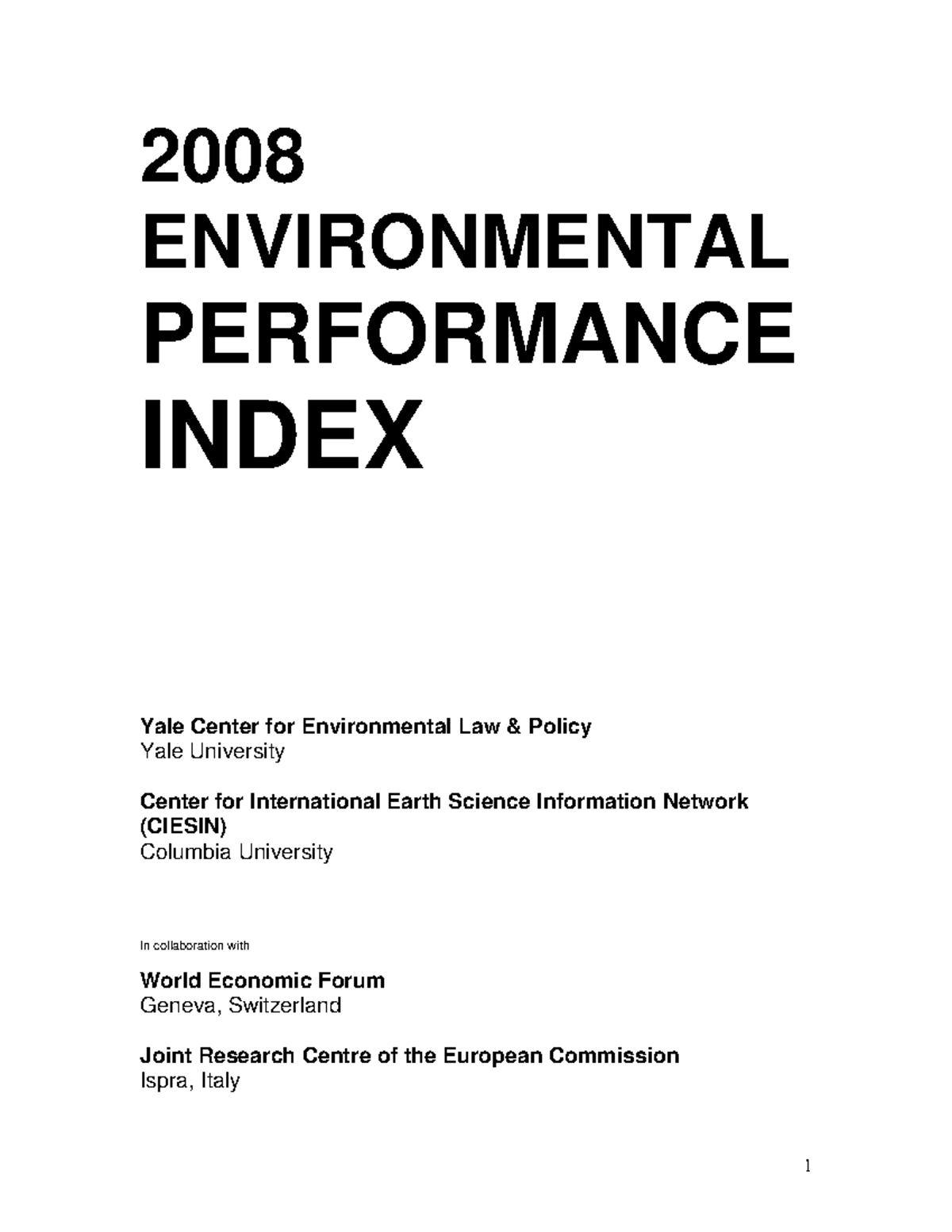 2008 Environmental Performance Index: Comprehensive Analysis and ...