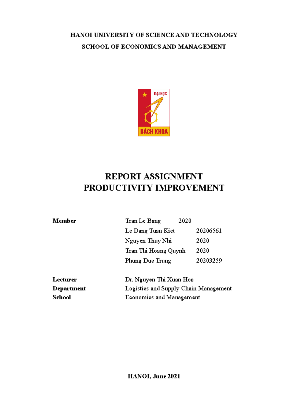 Report Assignment OF Productivity Improvement - HANOI UNIVERSITY OF ...