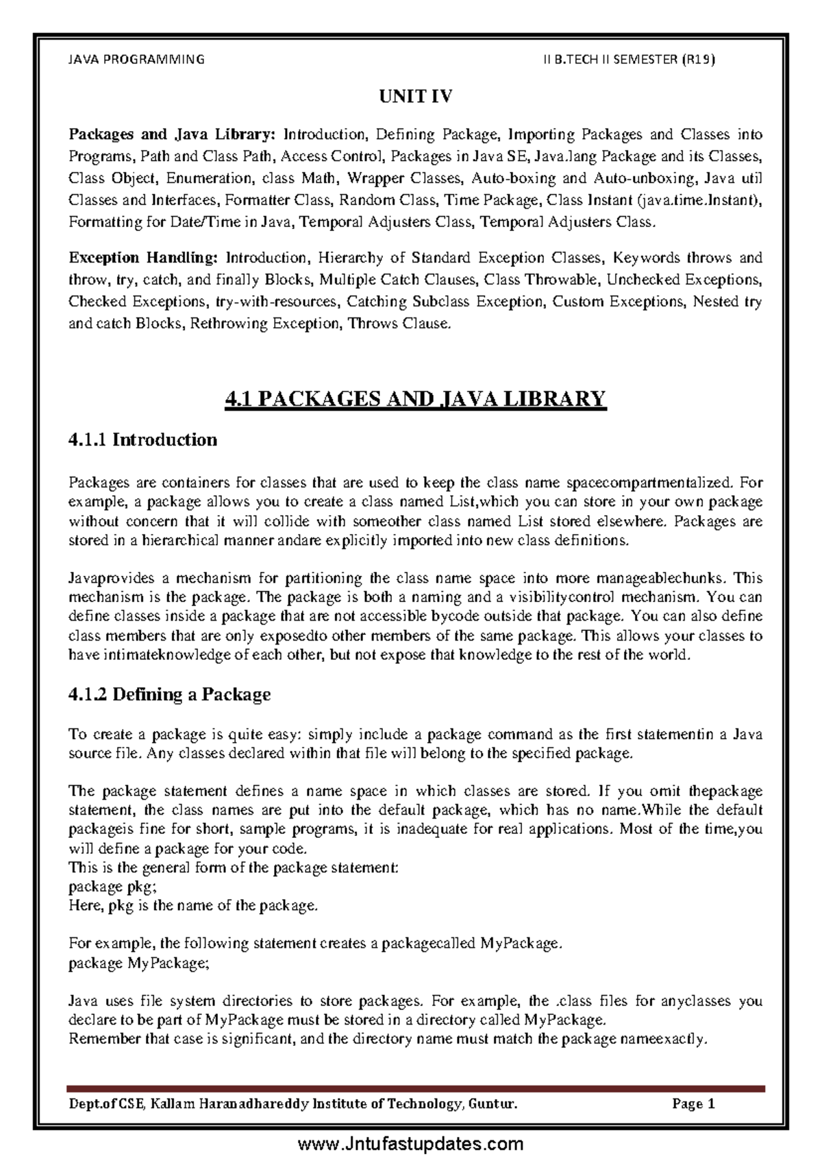 JAVA PROGRAMMING II B.TECH II SEMESTER (R19) UNIT IV: Packages ...