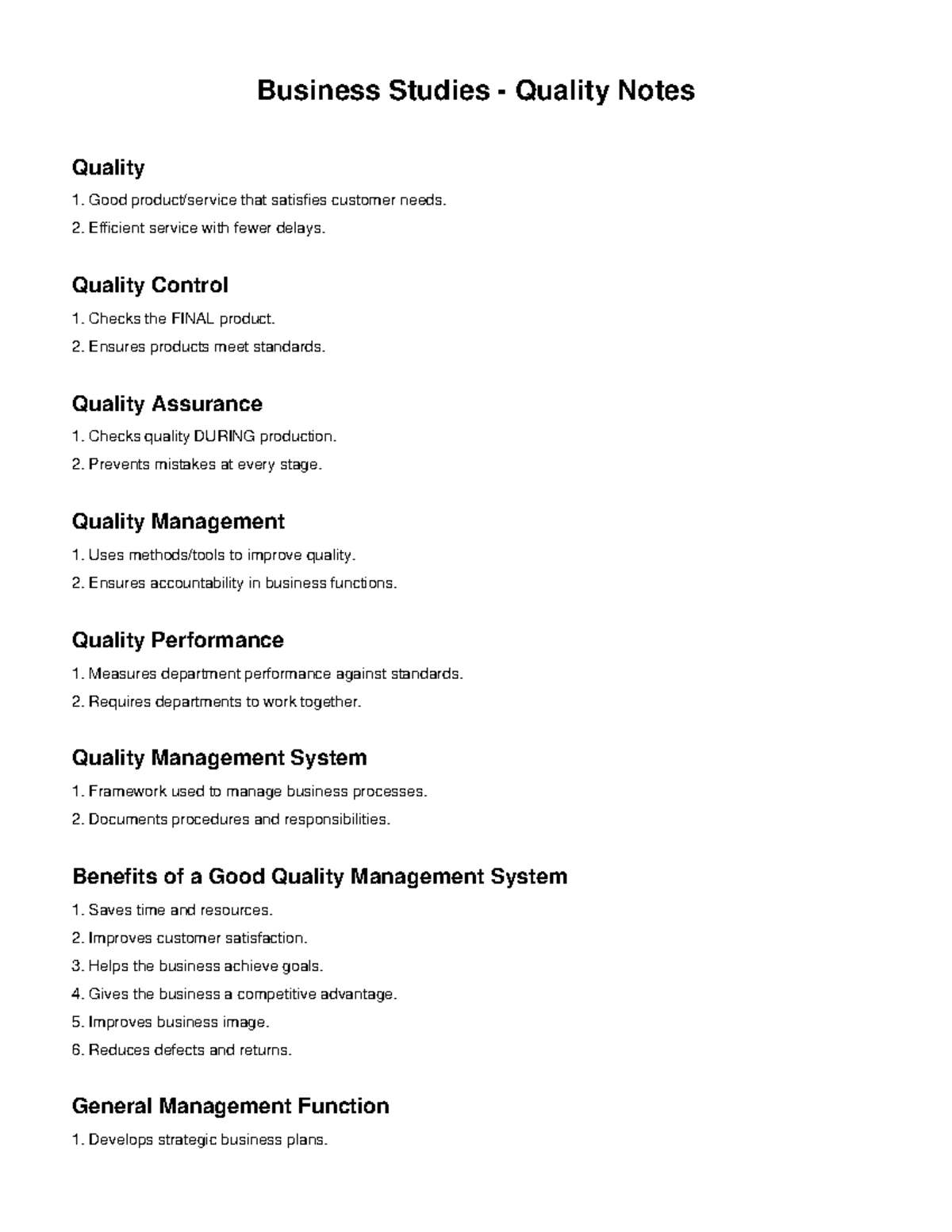 Business Studies Quality Notes: Key Concepts & Management Strategies ...
