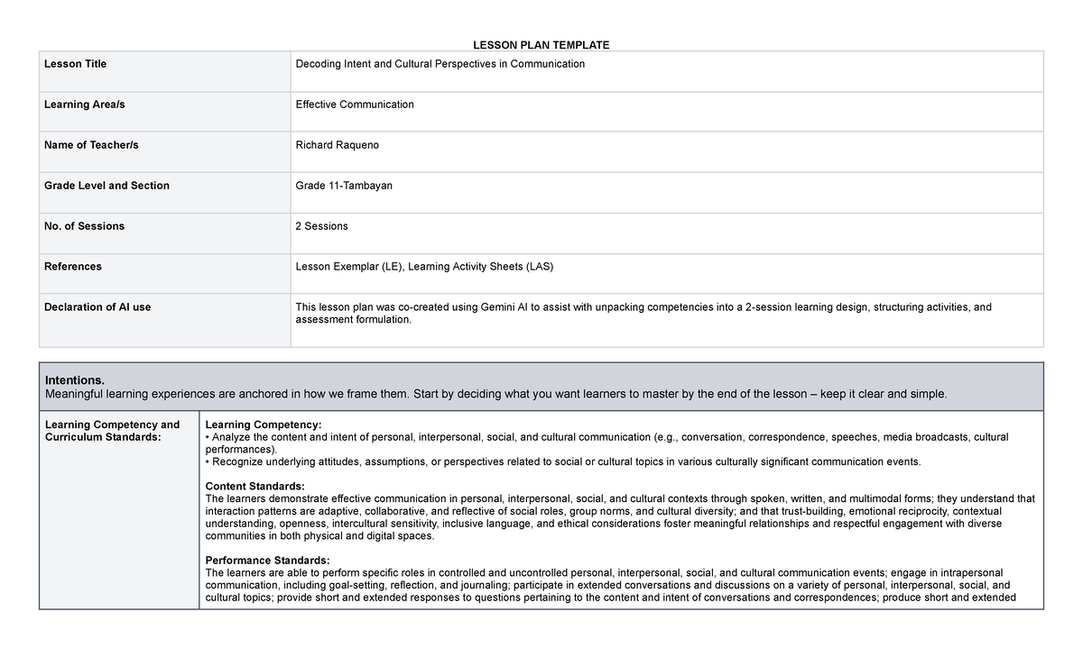 EC T1 W3 - Lesson Plan on Decoding Intent in Communication - Studocu