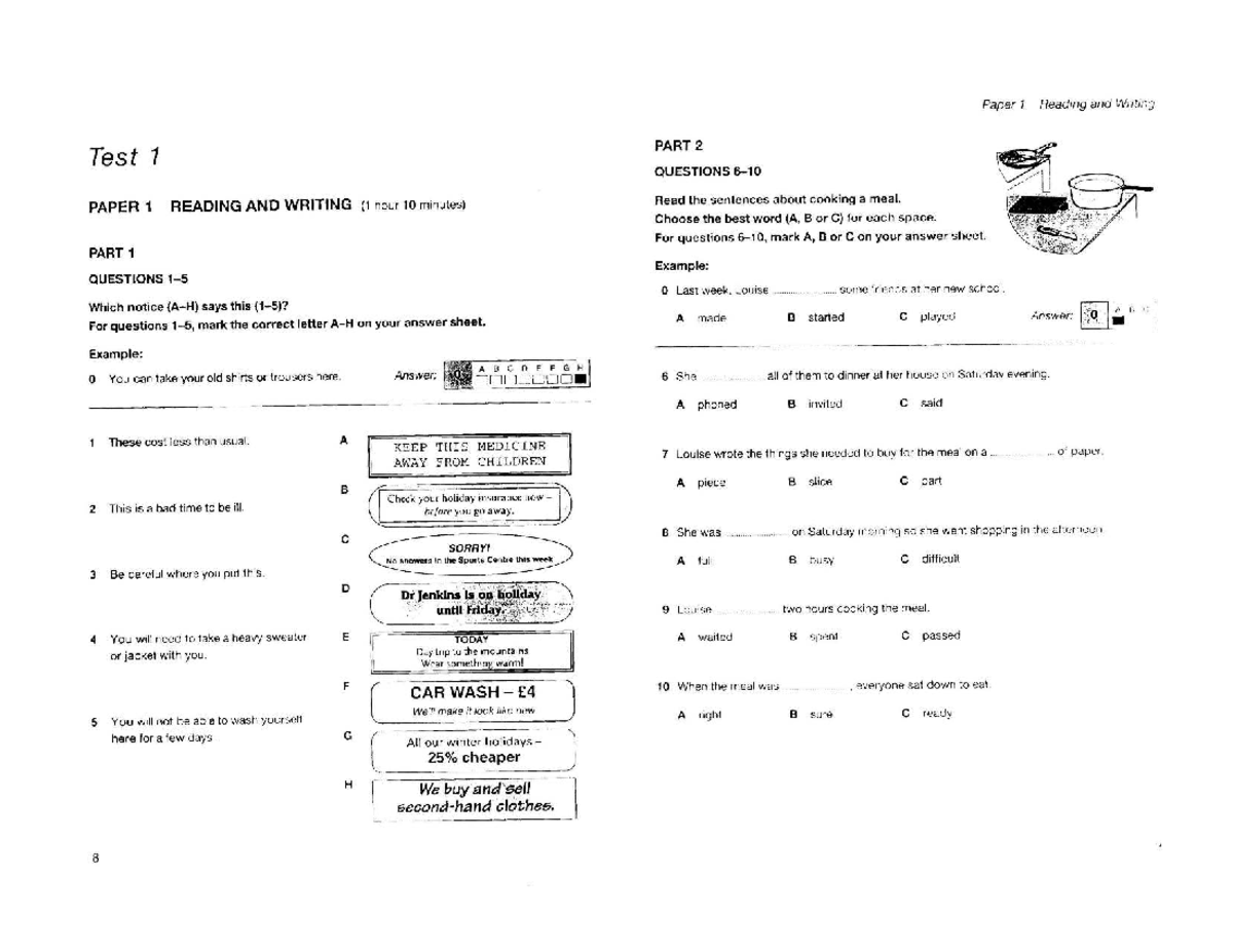 A2 Reading and Writing Test 1 Questions Paper - Studocu