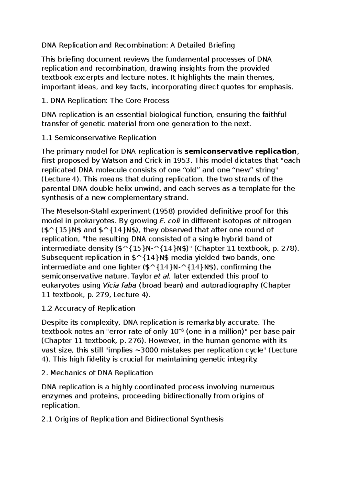 DNA Replication and Recombination: Key Concepts and Insights (BIO 101 ...