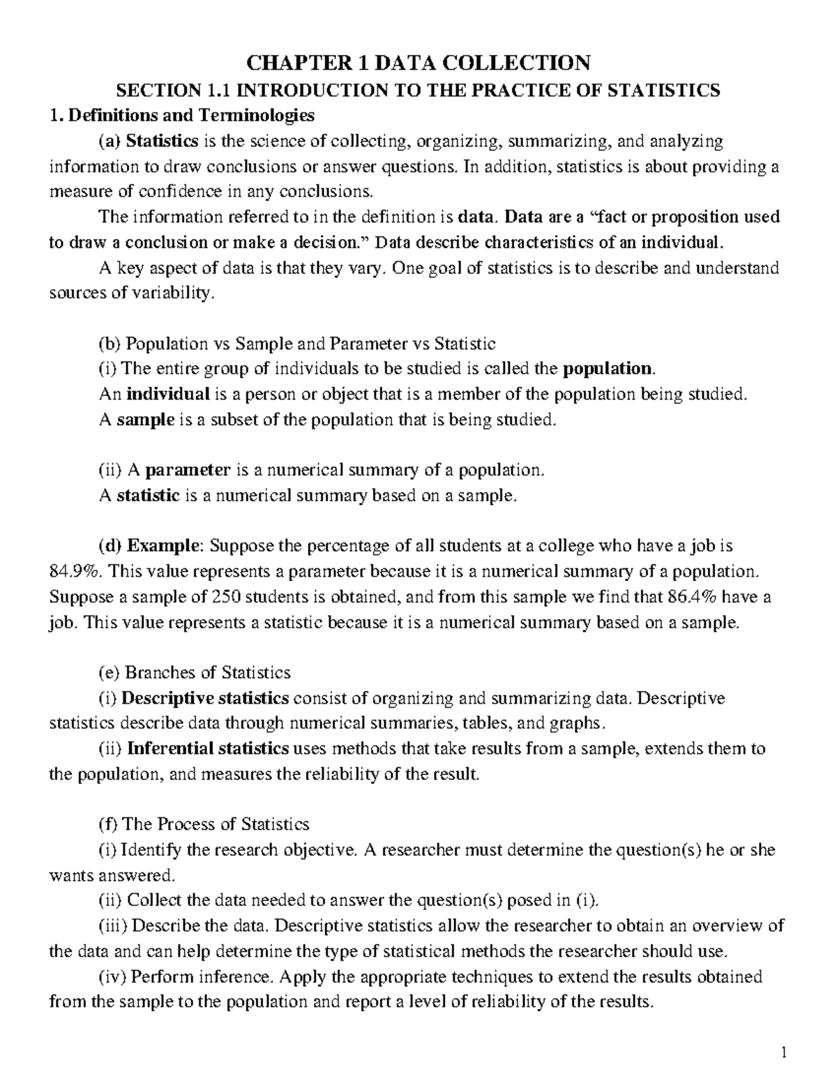 1342 Chapter 1 - Lecture Notes on Data Collection and Sampling Methods ...