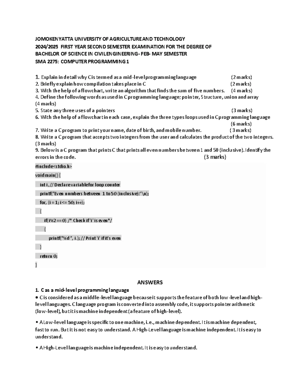 CAT 2 Computer Programming 1: Algorithms, Flowcharts & C Programming ...