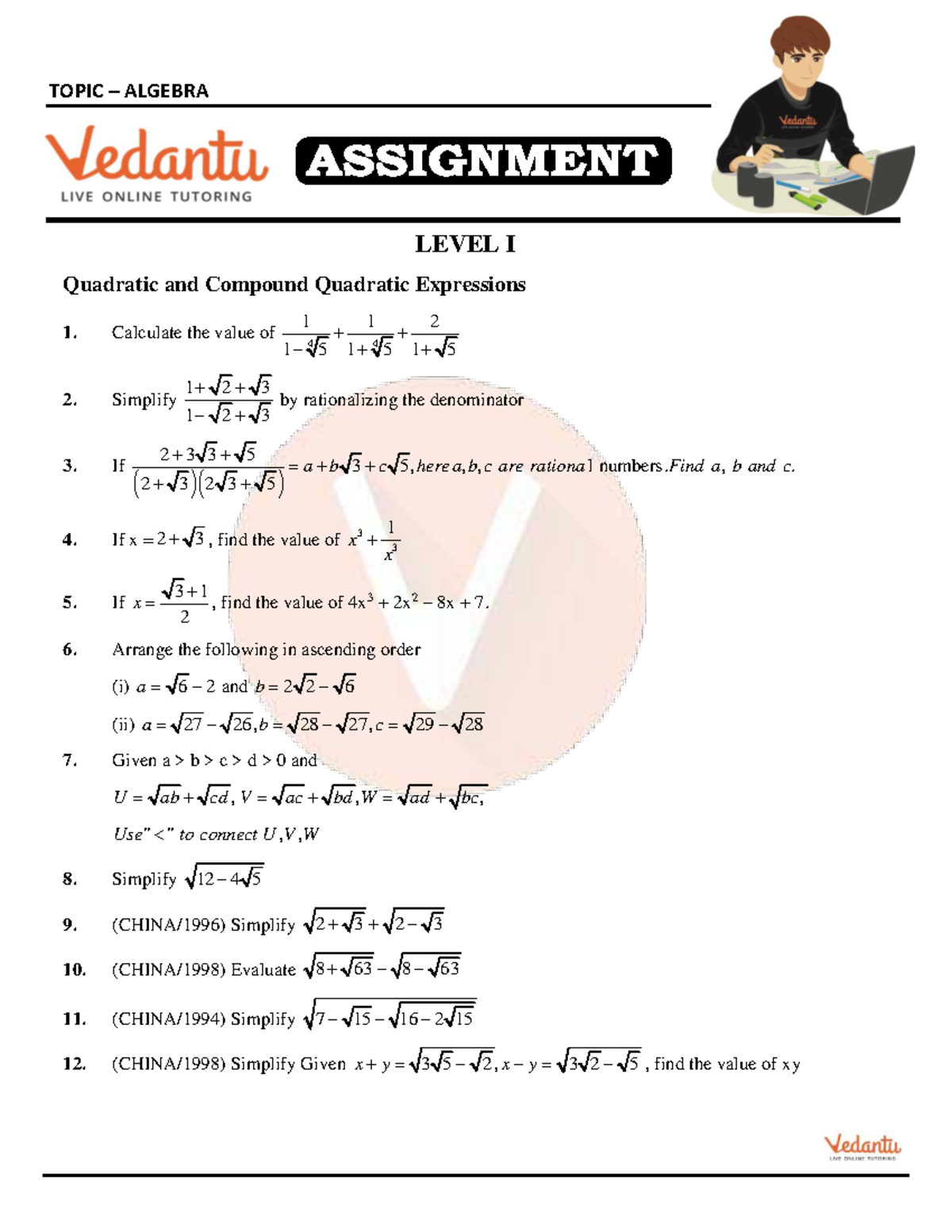 Algebra Level I - Quadratic and Compound Expressions Practice Questions ...