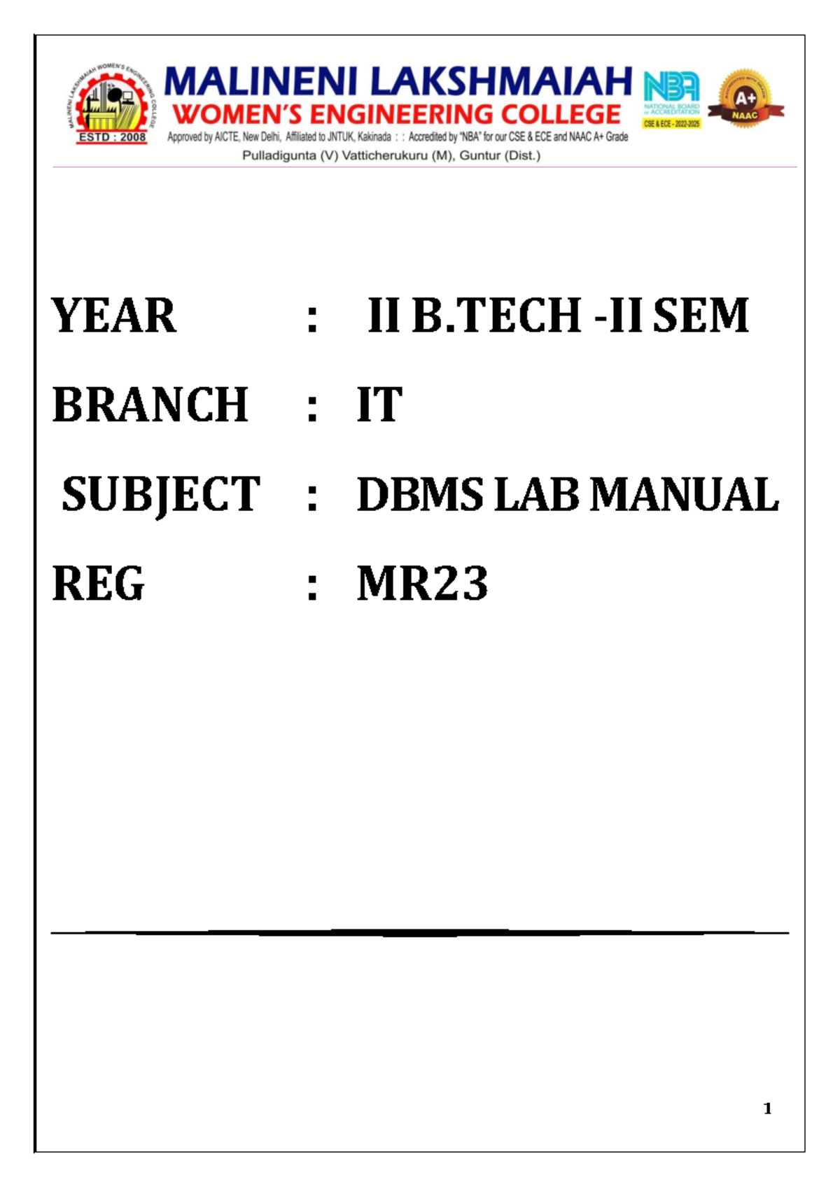 DBMS LAB Manual MR23 - IT 2nd Year B.Tech Programs and Queries - Studocu