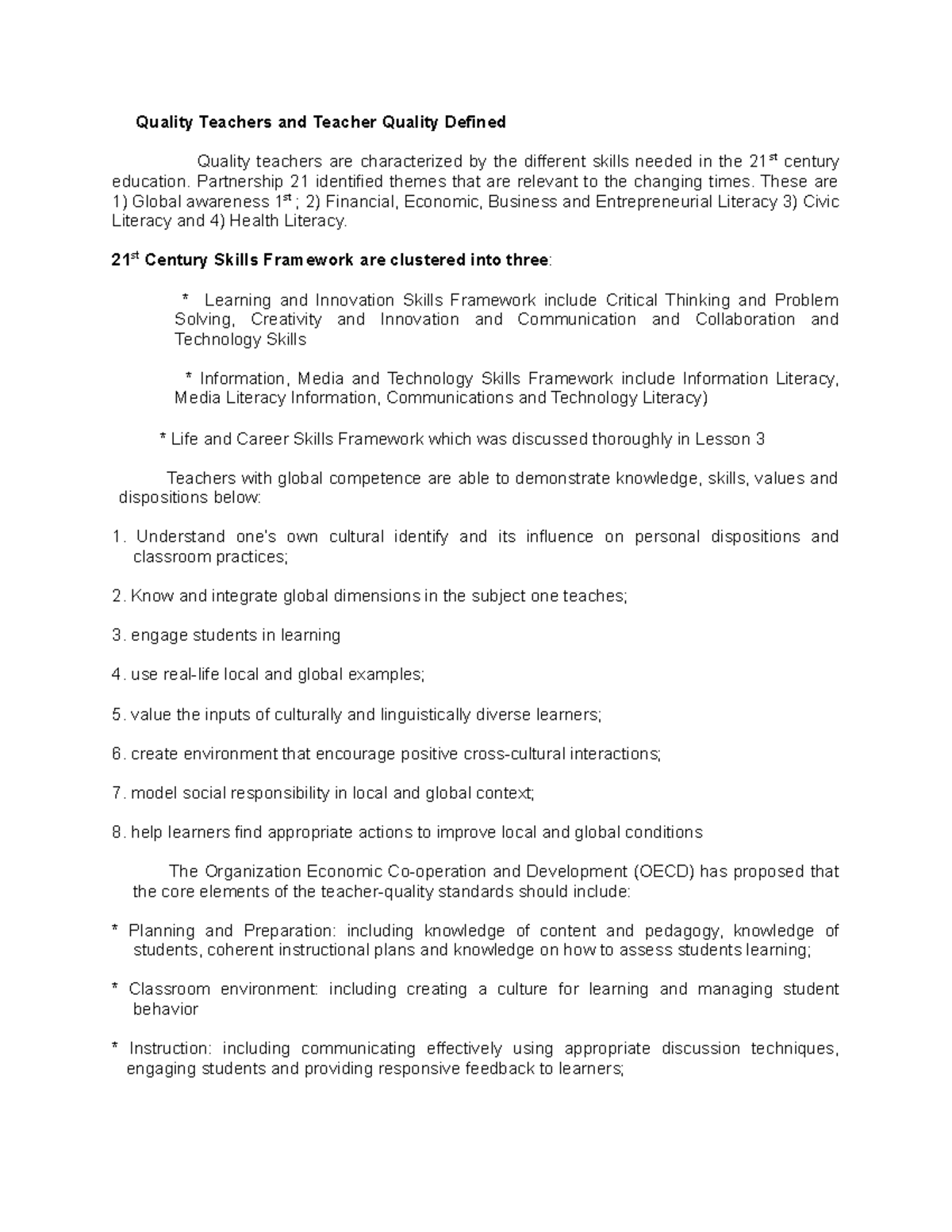 Defining Quality Teachers and Teacher Quality Standards (EDU 101) - Studocu
