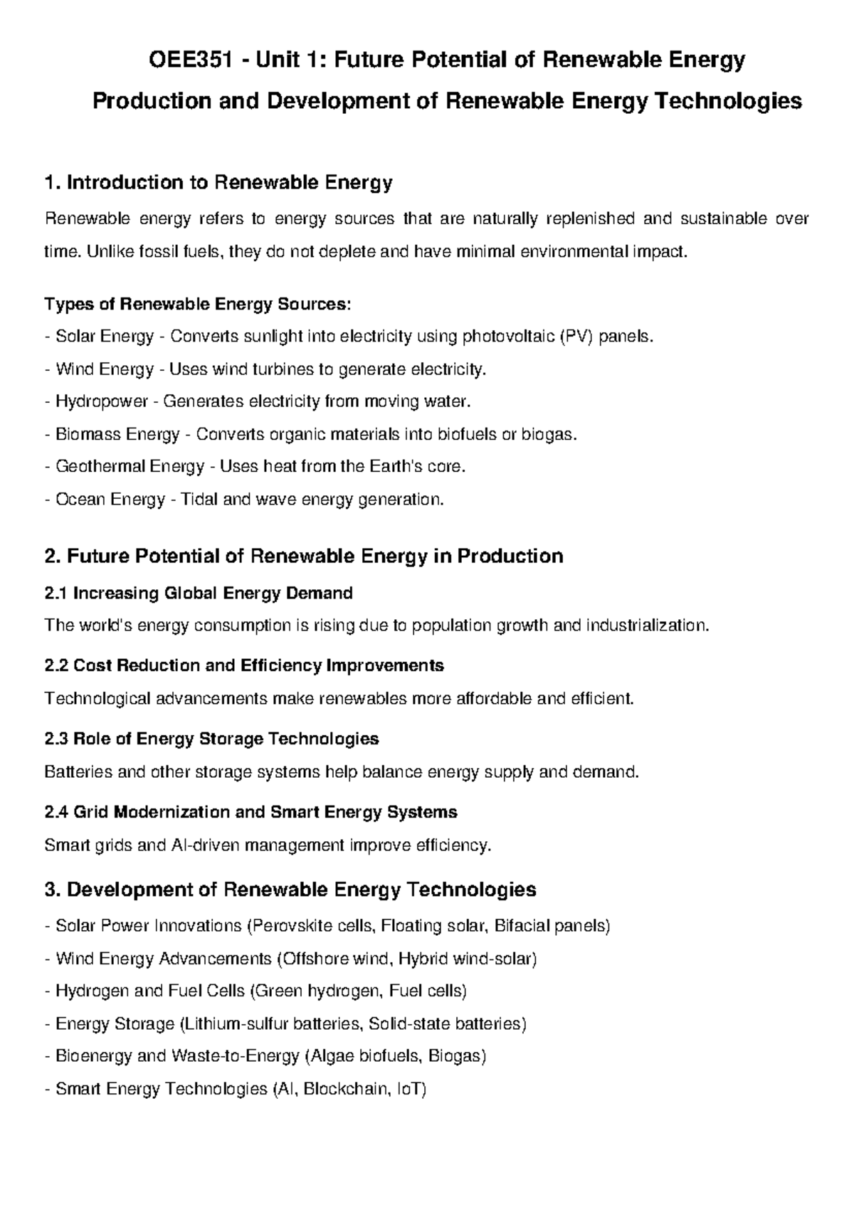 OEE351 Unit 1: Future potential and development of renewable energy ...