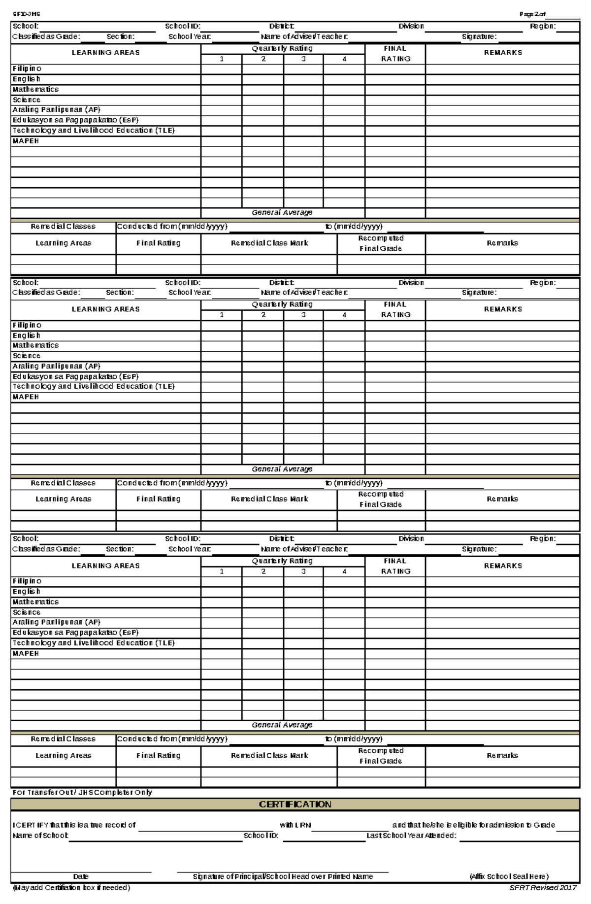 SF10 Form: Final Ratings and Remedial Classes Records - Studocu