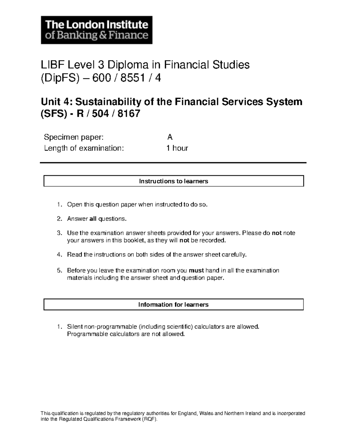SFS - Specimen Paper A - Level 3 Financial Studies Exam (DipFS) - Studocu