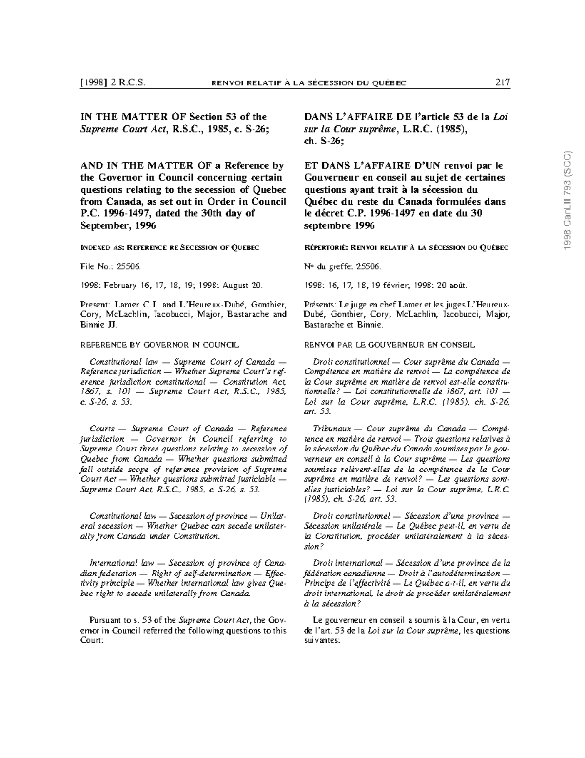 Quebec case - this is international law case. - [1998] 2 R.C. RENVOI ...