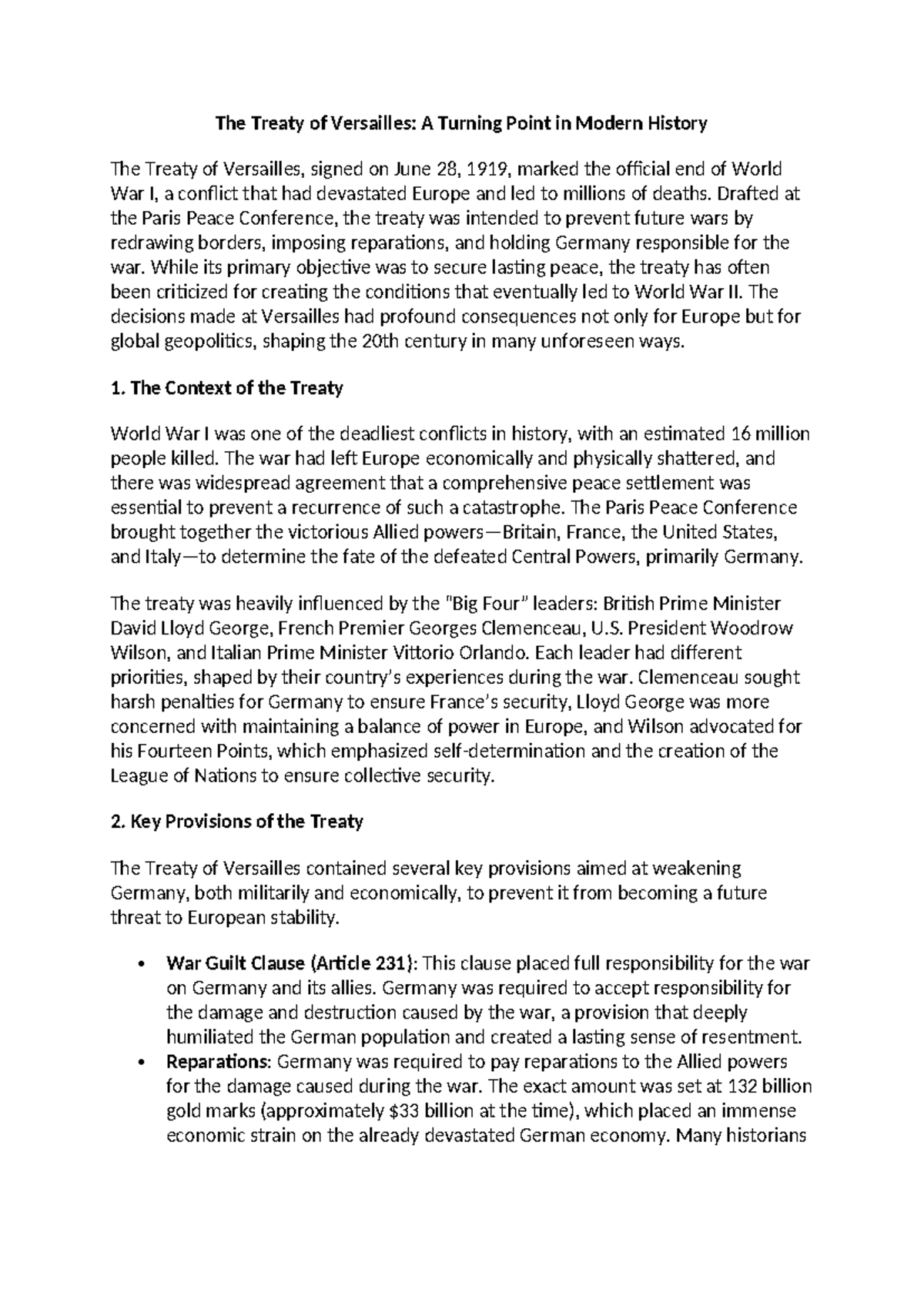 The Treaty of Versailles: Analyzing Its Impact on Modern History - Studocu