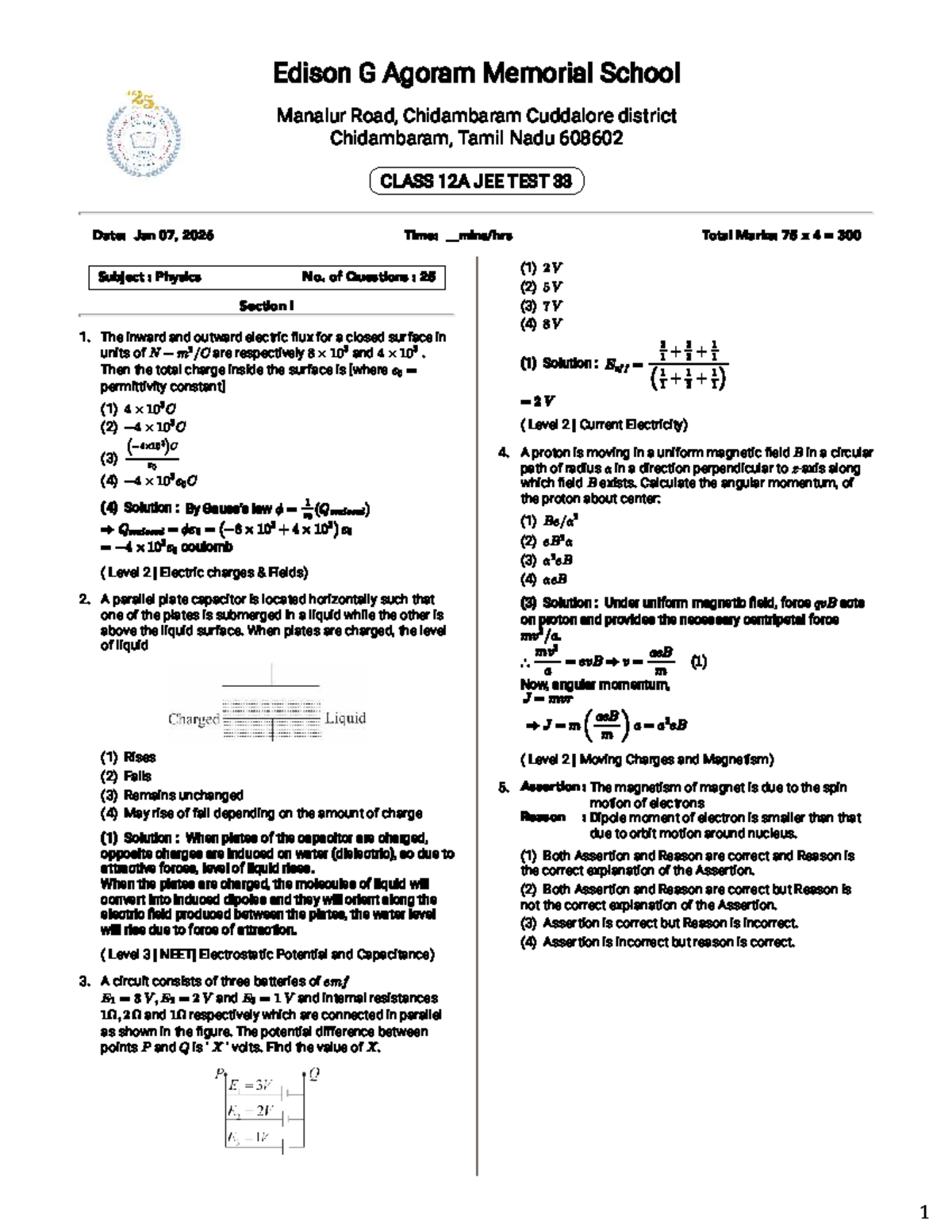 Class 12A JEE TEST 33 - Physics Exam Review and Solutions - Studocu