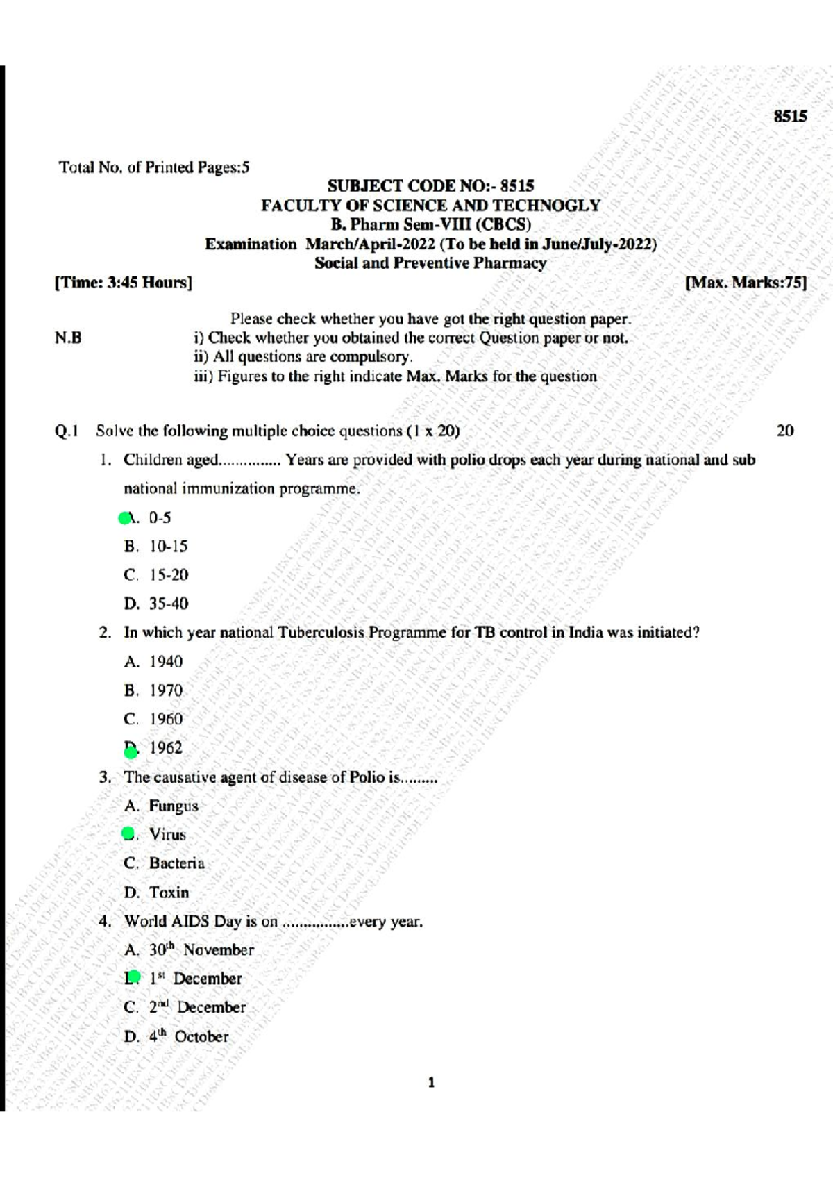 SPP 8515 Previous Year Question Papers for Social & Preventive Pharmacy ...
