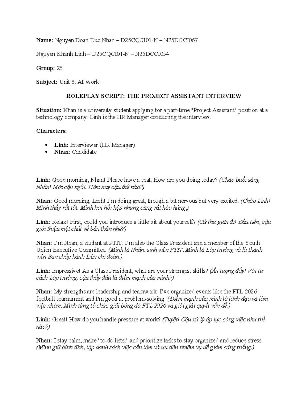 Unit 6 Roleplay Script: Project Assistant Interview N25DCCI067 - Studocu