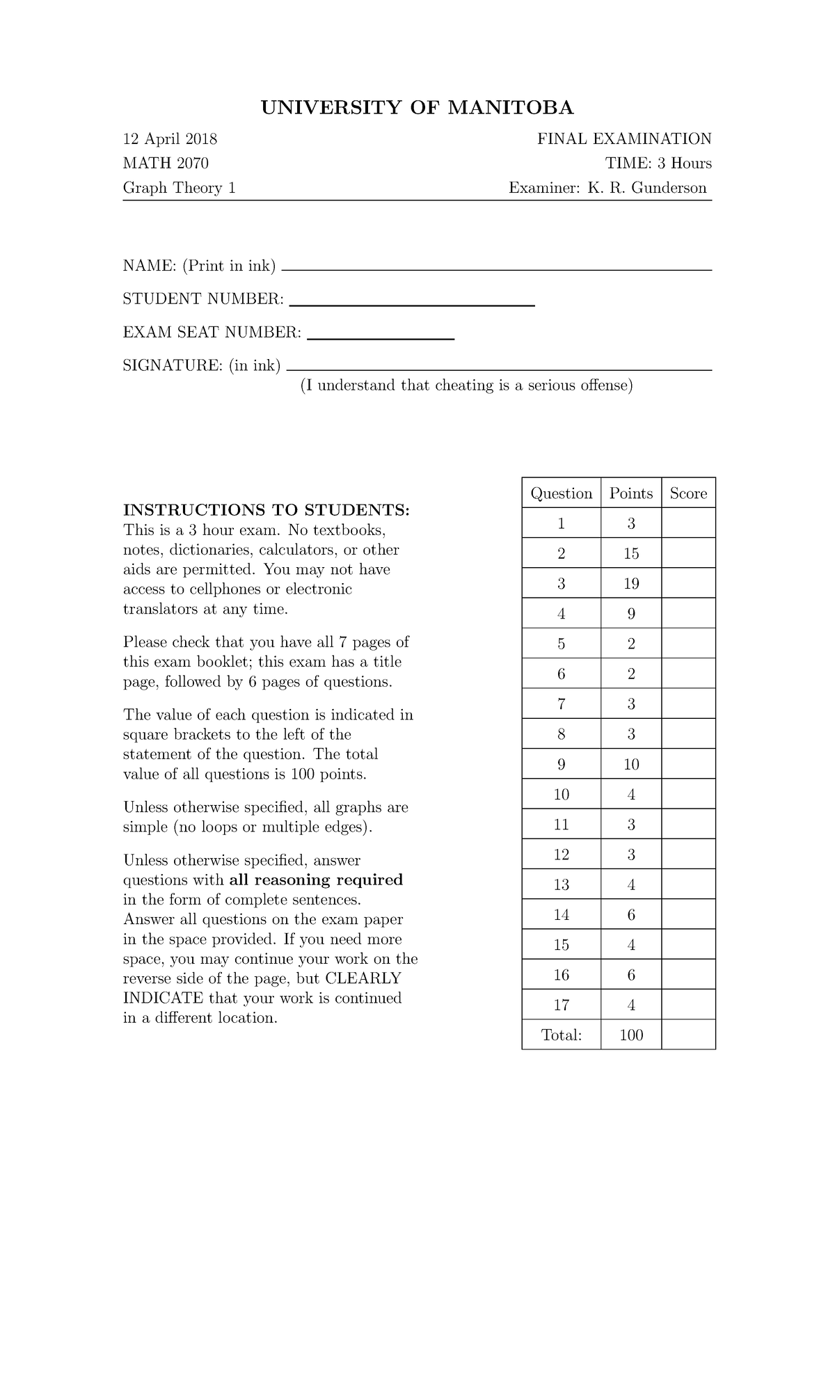 MATH 2070 Graph Theory 1 Final Exam - April 12, 2018 - Studocu