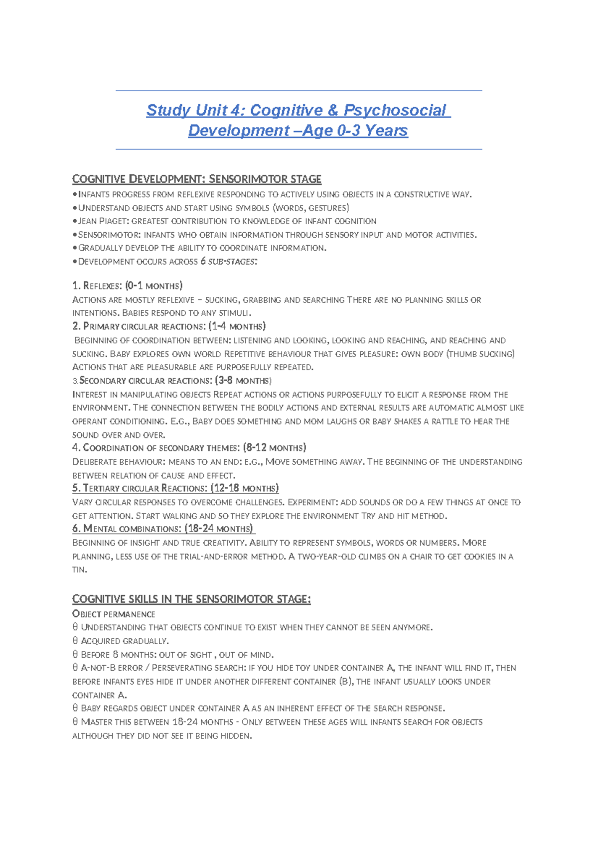 Study Unit 4: Cognitive Development in Infancy and Psychosocial Growth ...